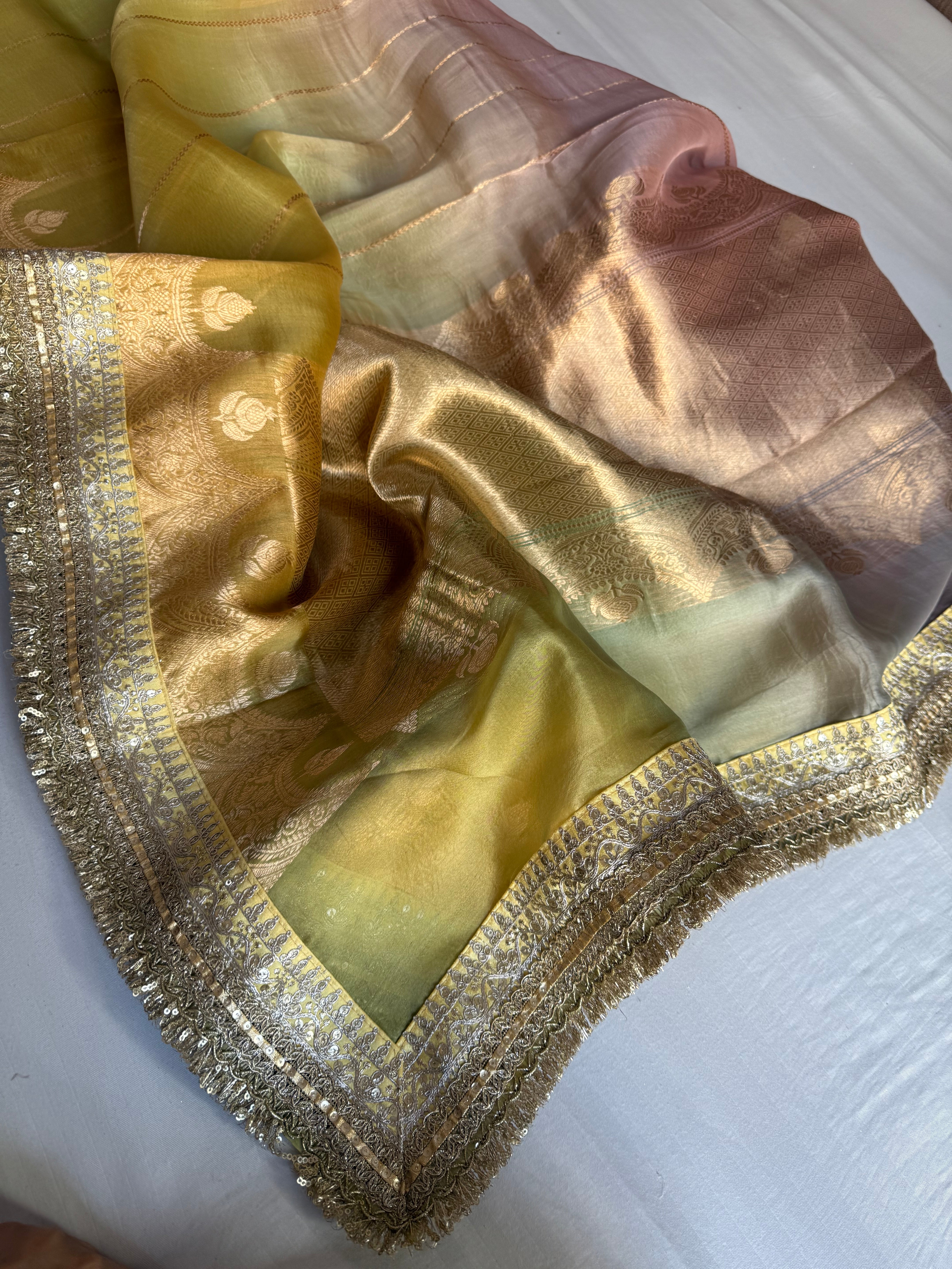 Rang-birangi banarasi kora silk multicoloured shaded kadhwa saree