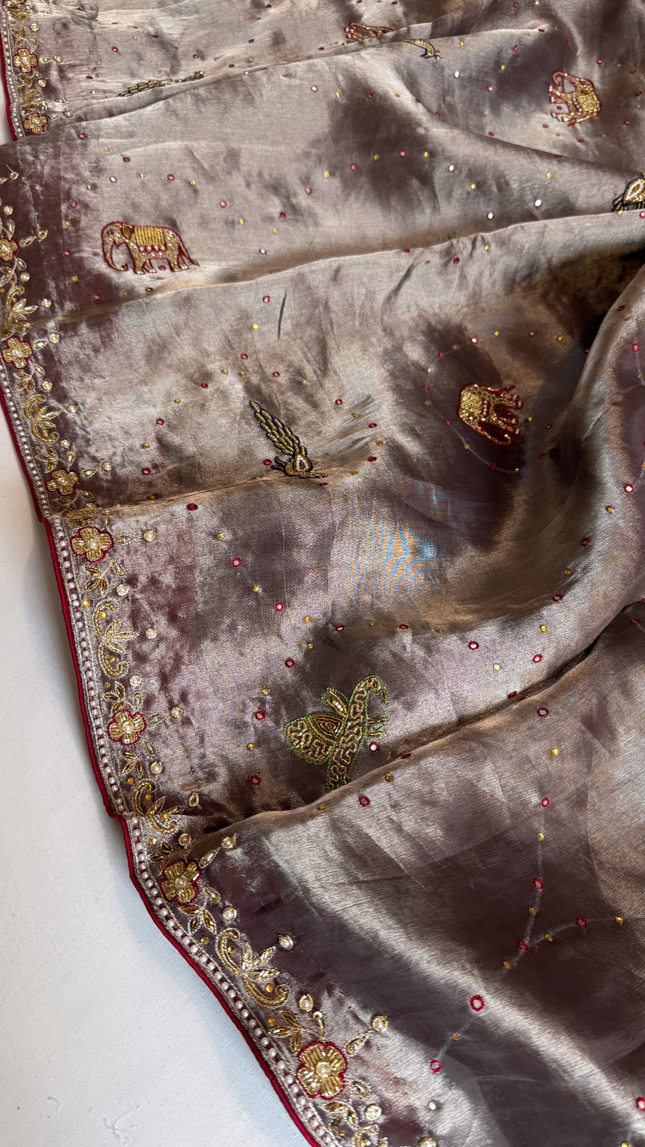 Shikarbagh edit metallic silver diamond tissue silk hand embroidered kadhwa saree