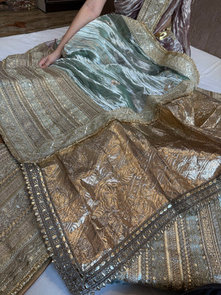 Lehenga style saree edit - Blush blue diamond tissue silk tilli work gotapatti skirt border saree