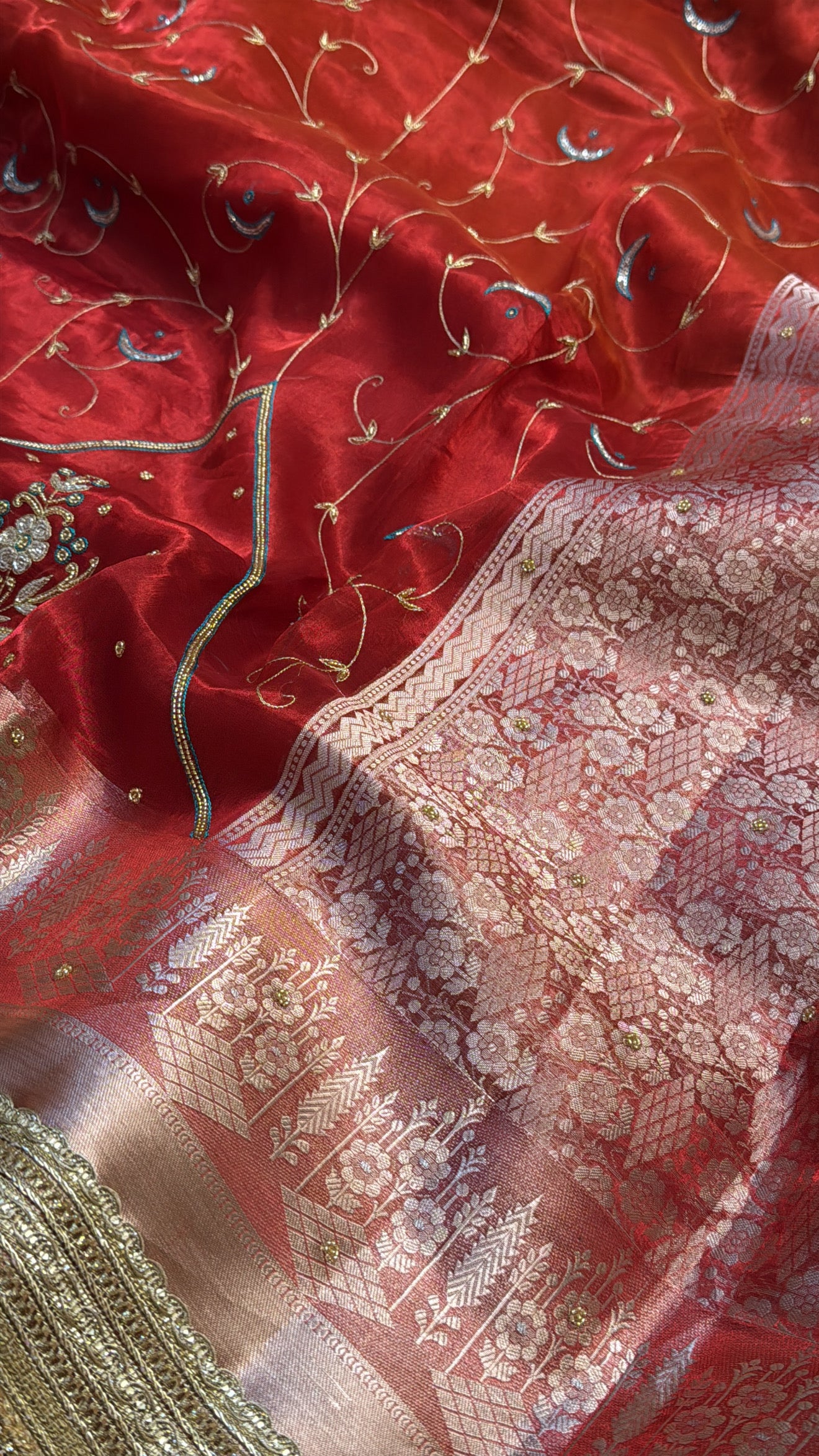 Dulhan ka joda husn red tissue silk hand embroidered saree