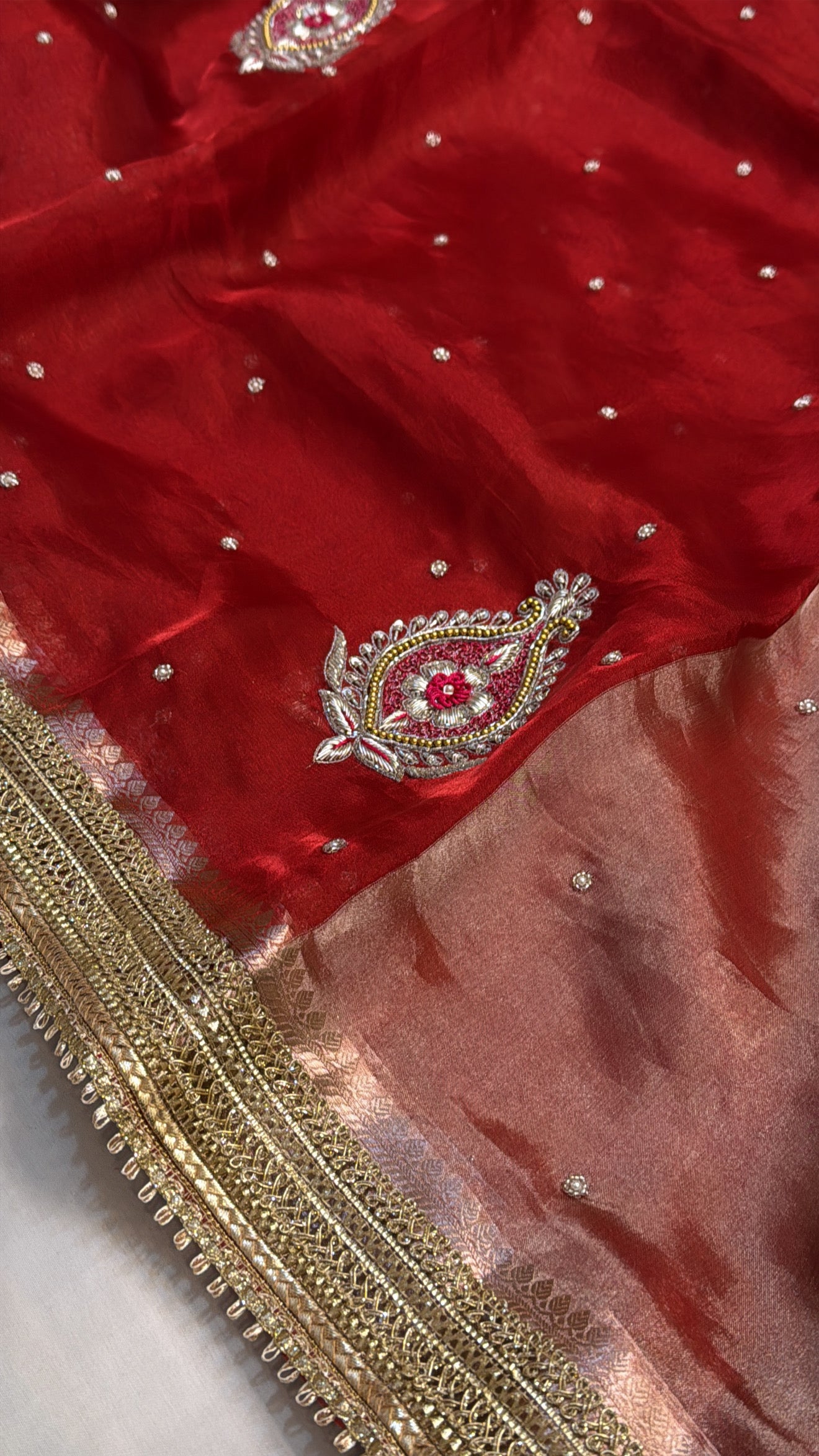 Dulhan ka joda husn red tissue silk hand embroidered kadhwa saree