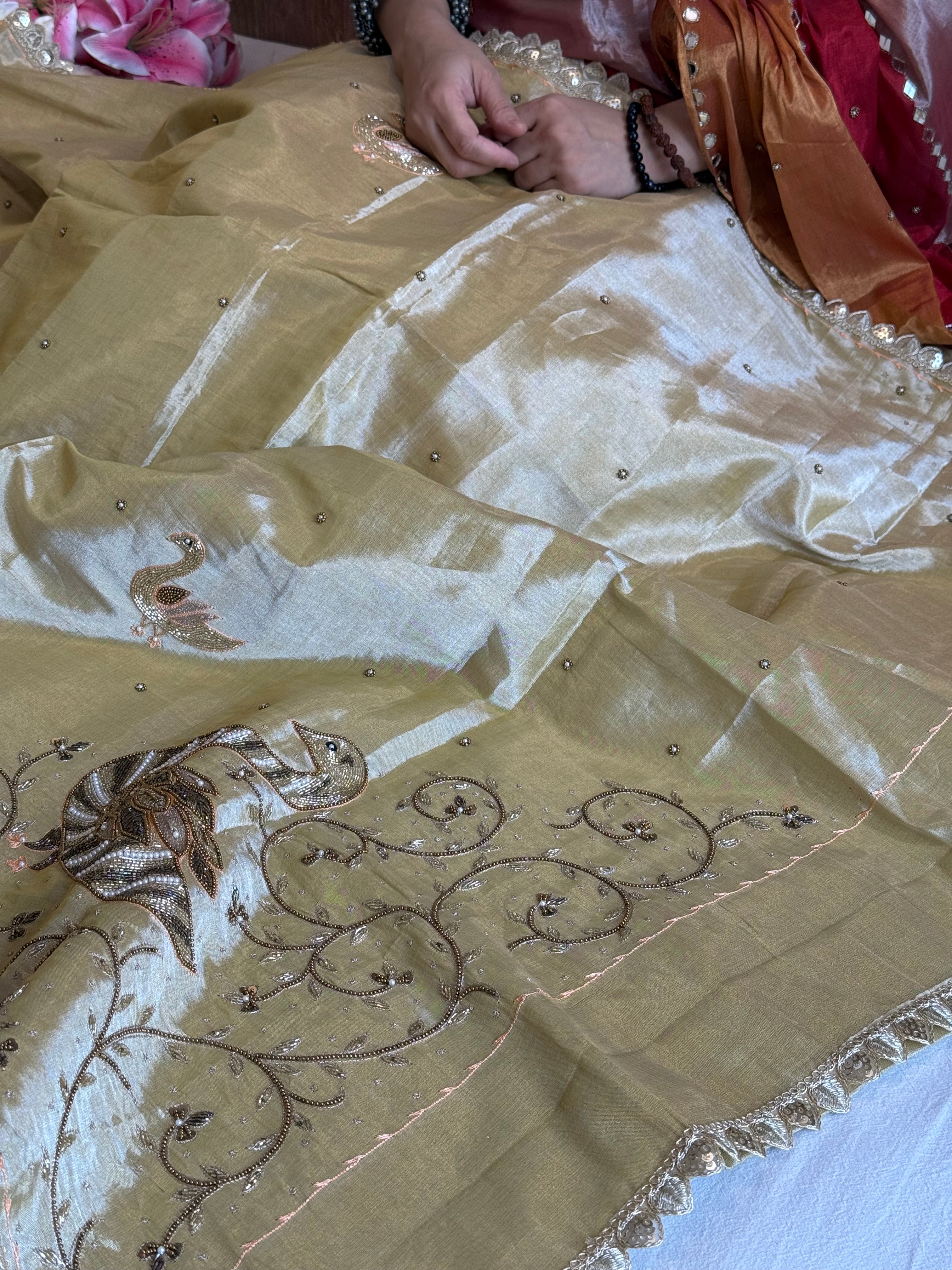Satin tissue silk butter golden banarasi hand embroidered kadhwa saree