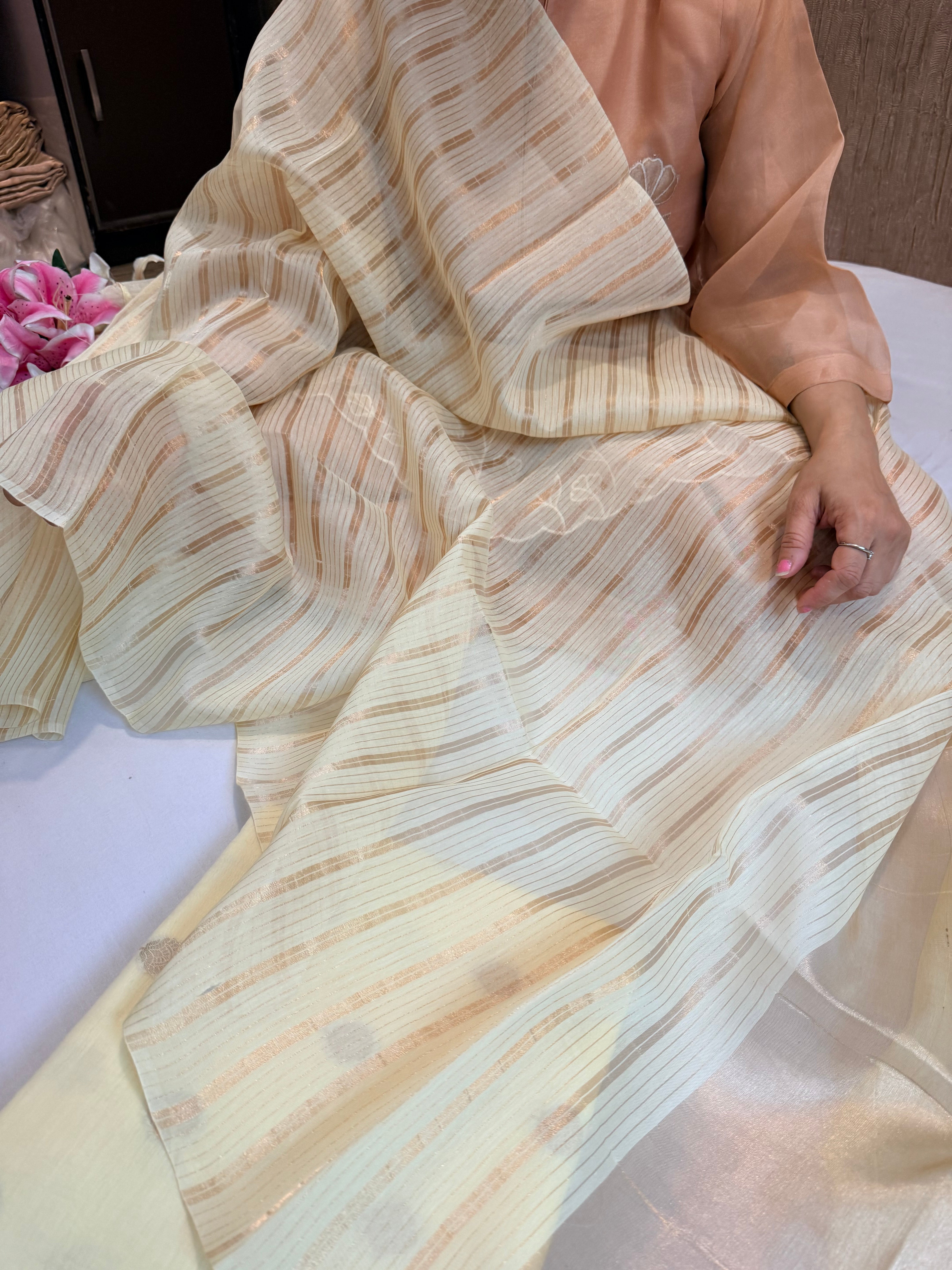 BELOW 8K - Lime yellow zari cotton striped kadhwa buti banarasi suit set