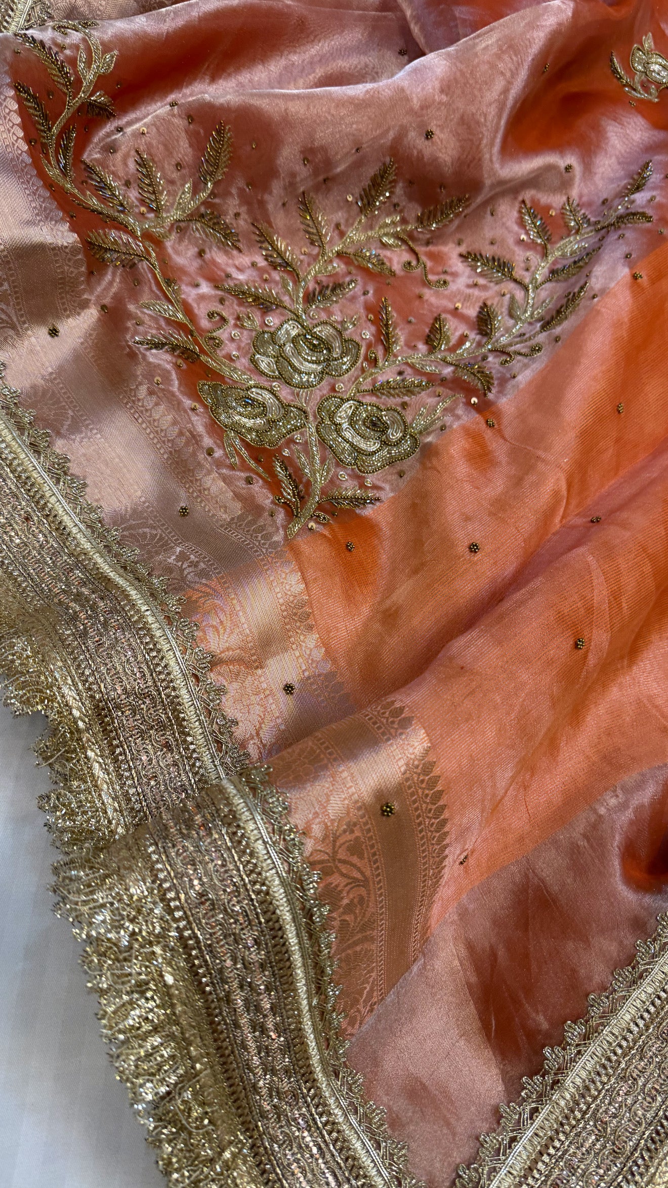 Cocktail edit sarees - Peach tissue silk heavy hand embroidered sarees