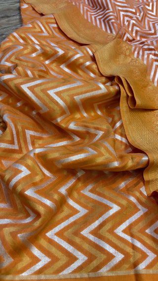 Fanta orange moonga silk chevron weaving sona rupa kadhwa suit set