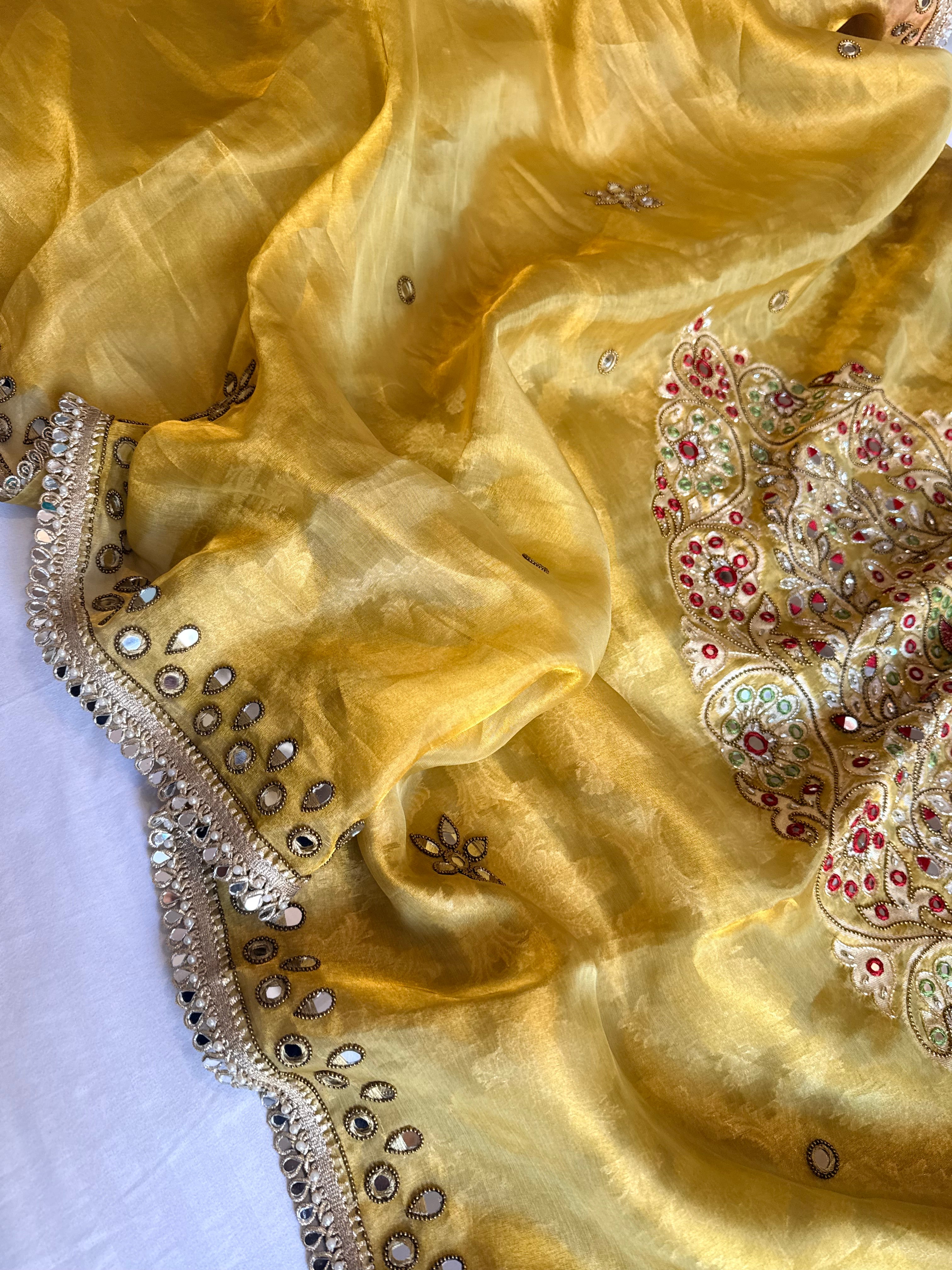 Dhup chao effect tissue silk mirrorwork hand embroidered paithani pallu kadhwa saree