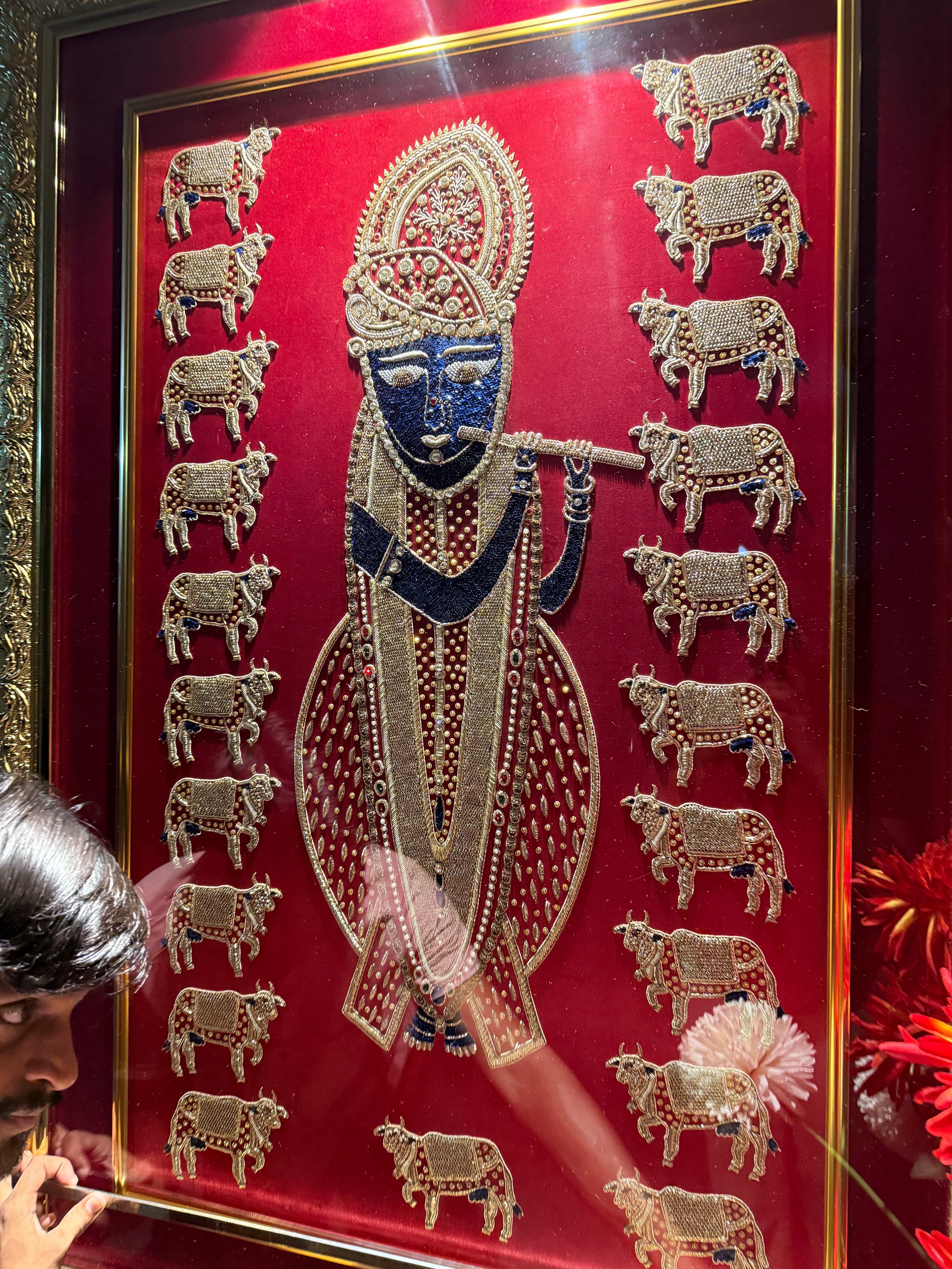 Shreenathji hand embroidered 21 cow motif cloth for frames ( 1 meter by 60cm )