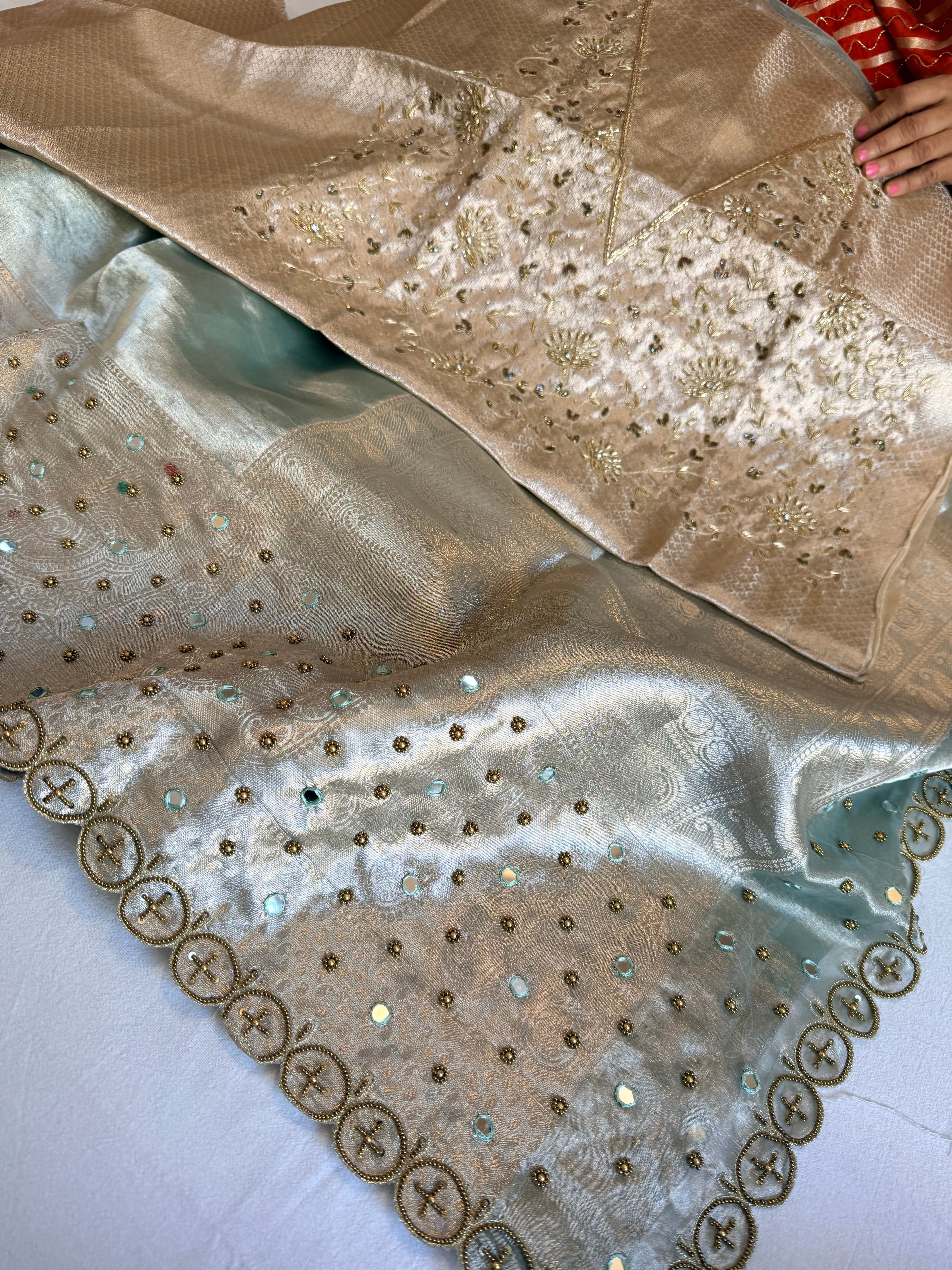 Candy green husn tissue silk hand embroidered kadhwa saree with heavy blouse