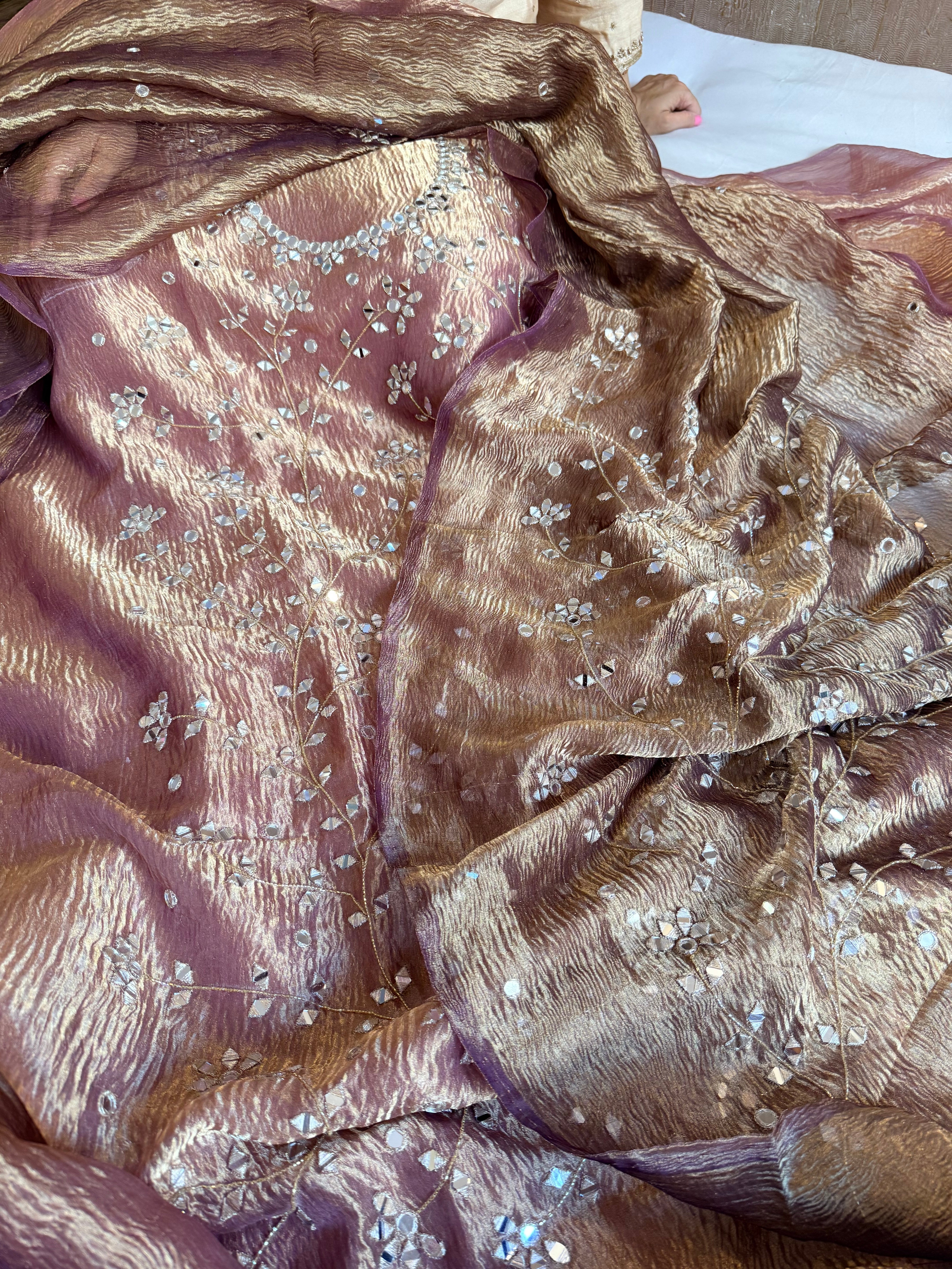 Banarasi tissue silk mirrorwork hand embroidered crushed suit sets