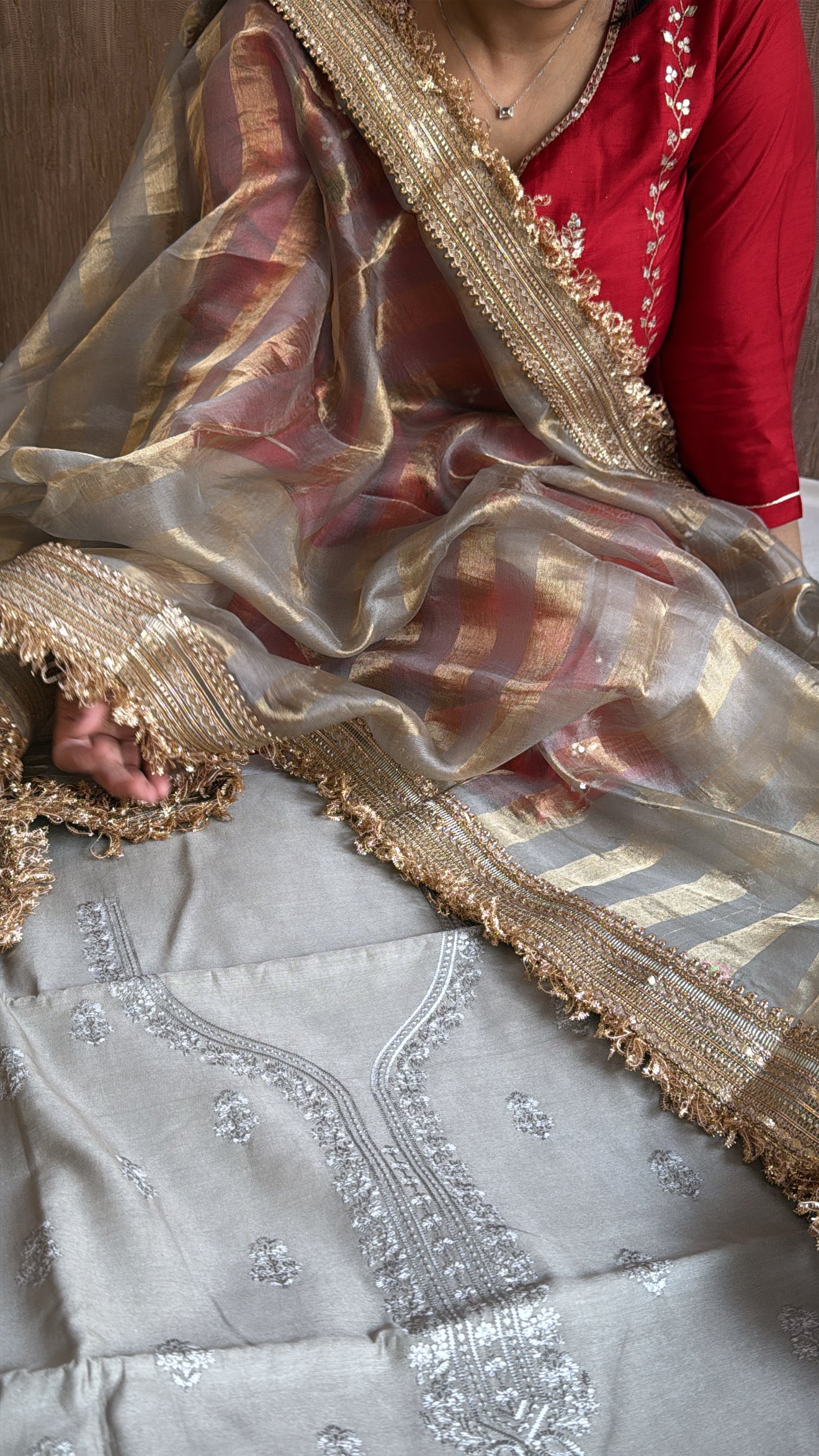 Banarasi cotton silk hand embroidered kurta paired with kora tissue striped duppata set