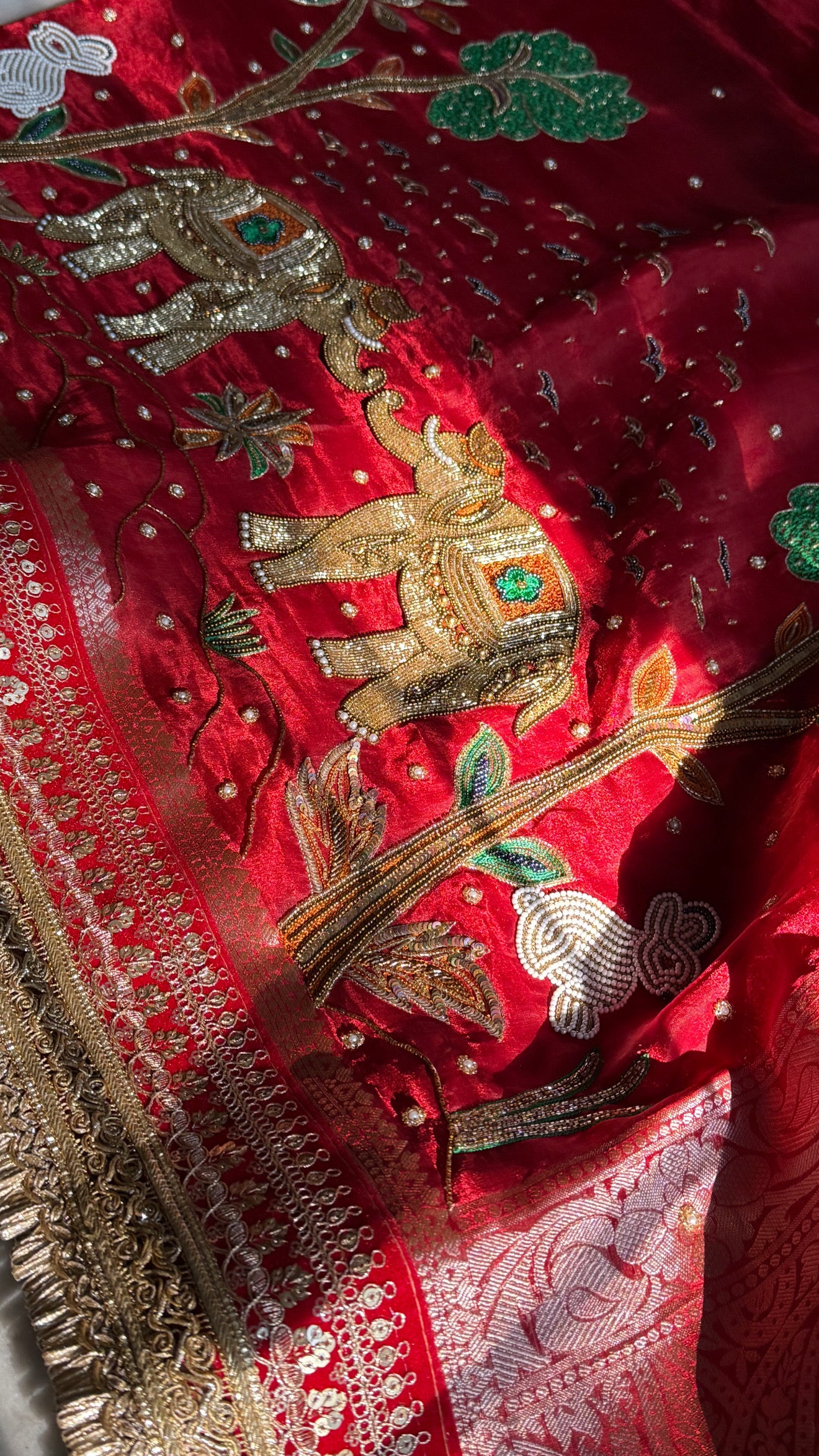 Teej special - Tomato blood red tissue silk elephant motif hand embroidered kadhwa saree