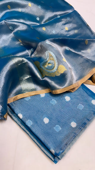 Pure banarasi aqua blue kadhwa handwoven tissue silk sona rupa kadhwa buti suit set with kohniya buti in duppata