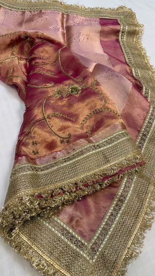 Cocktail wali saree - Rani pink tissue silk heavy hand embroidered saree