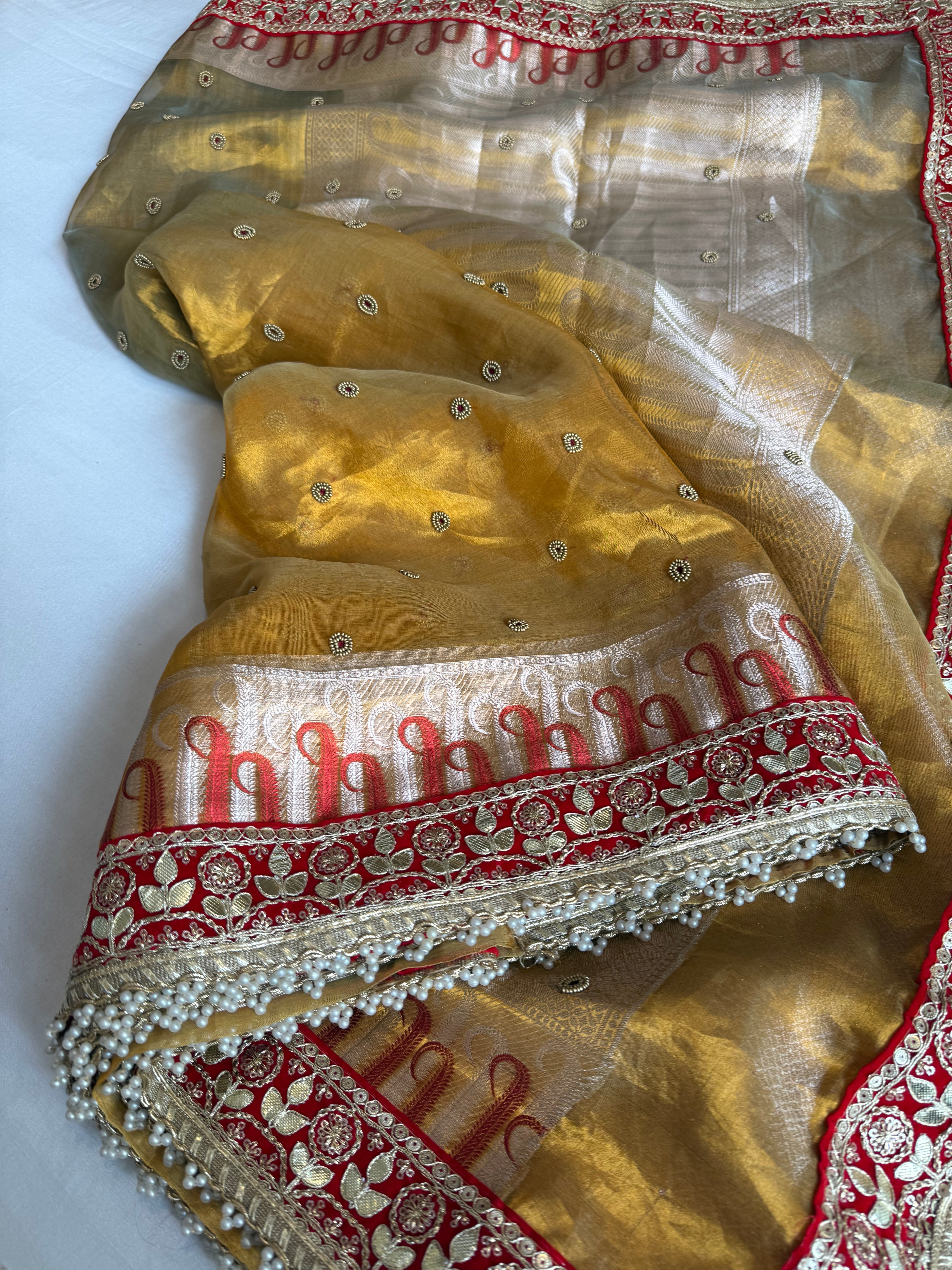 Kanjivaram gold tissue silk red meenakari hand embroidered kadhwa saree