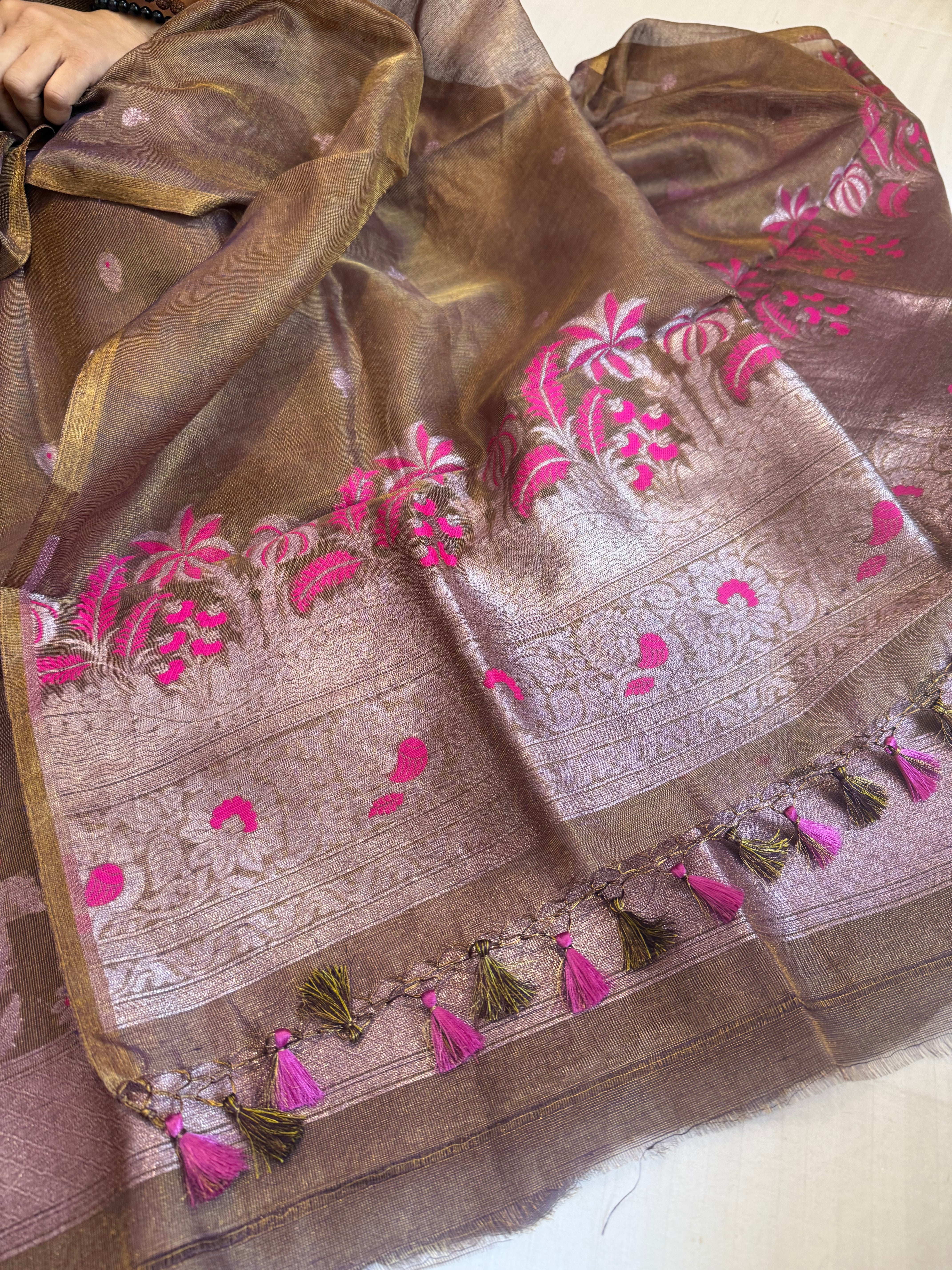 Linen tissue golden brown meenakari kadhwa suit sets