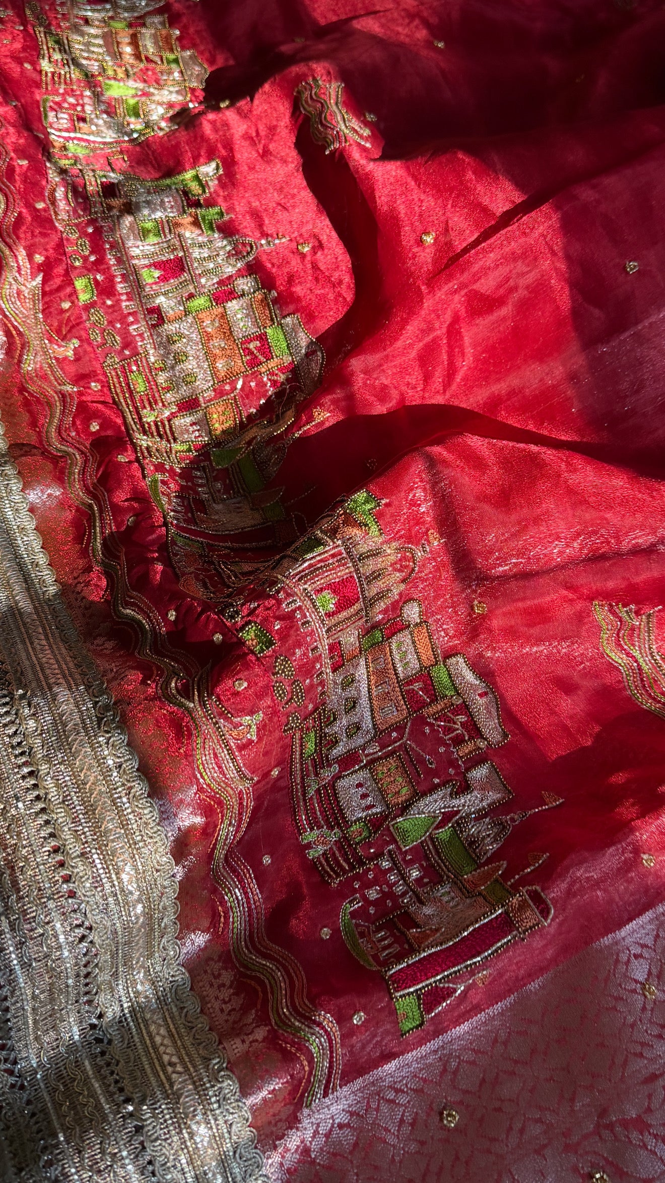 Teej Special - Blood red banarasi ghat hand embroidered tissue silk saree