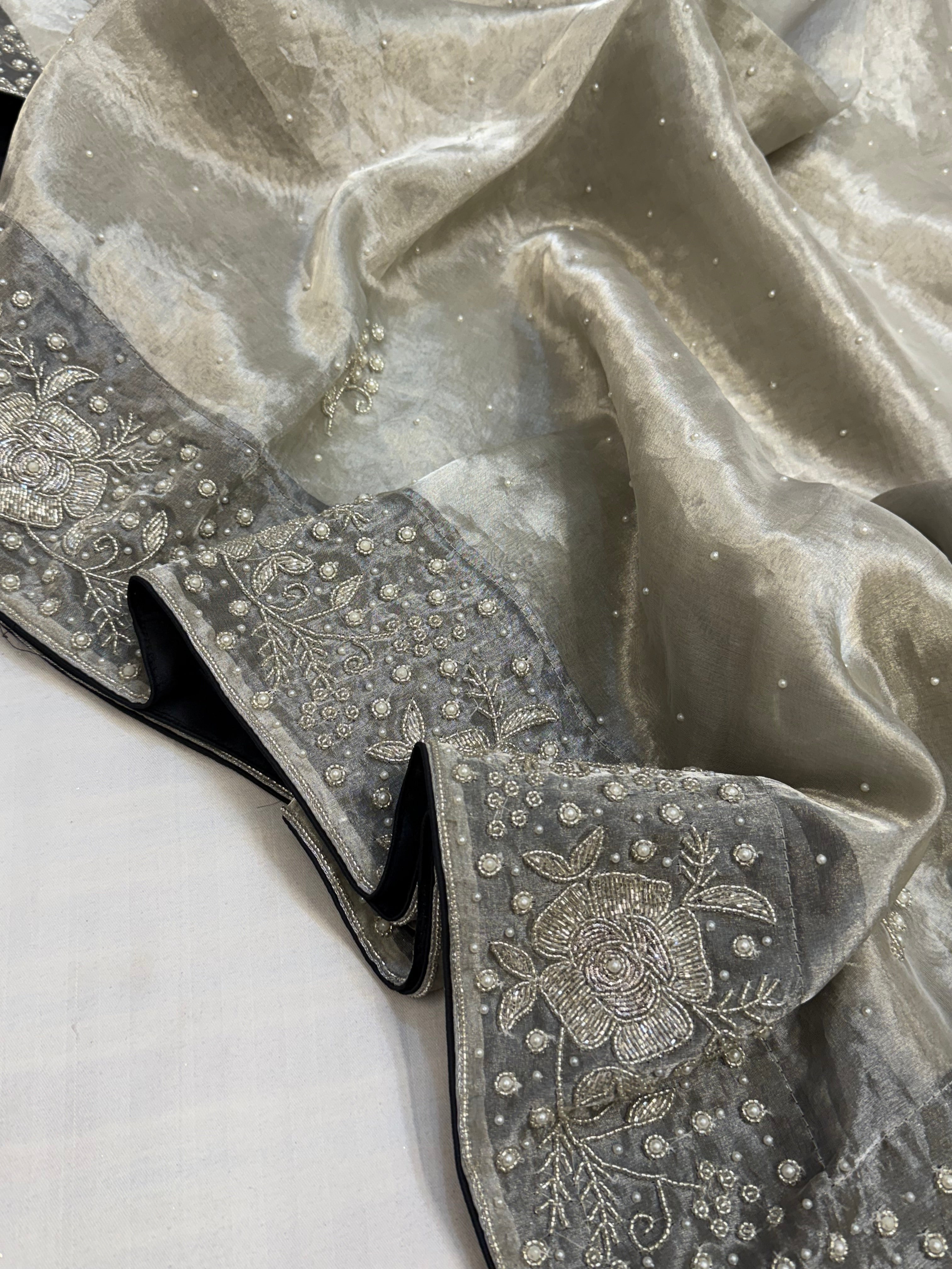 Heere aur moti edit- Ivory diamond tissue silk heavy pearl zardozi work hand embroidered saree