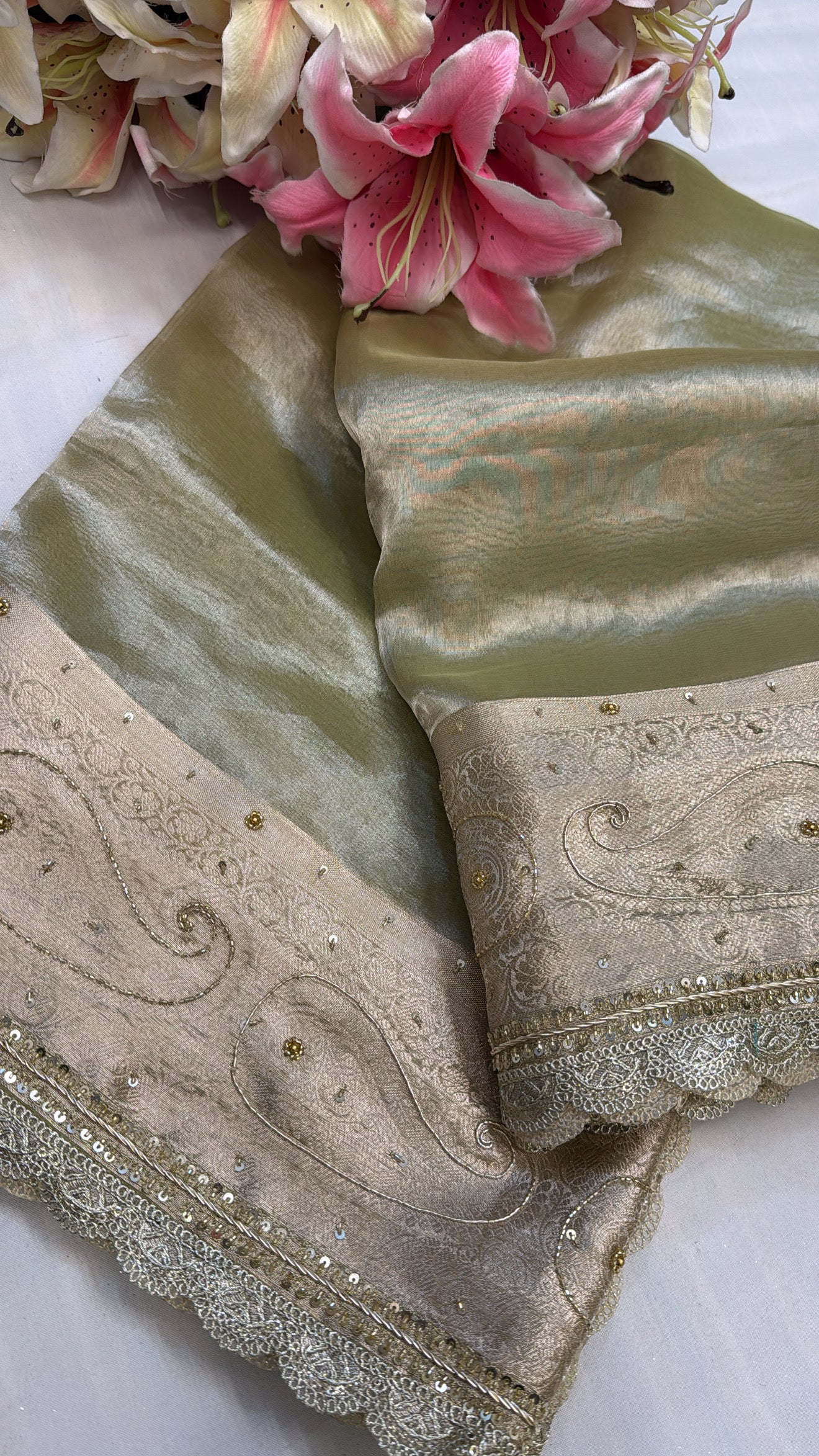 Mint green tissue silk hand zardozi work embroidered kadhwa saree