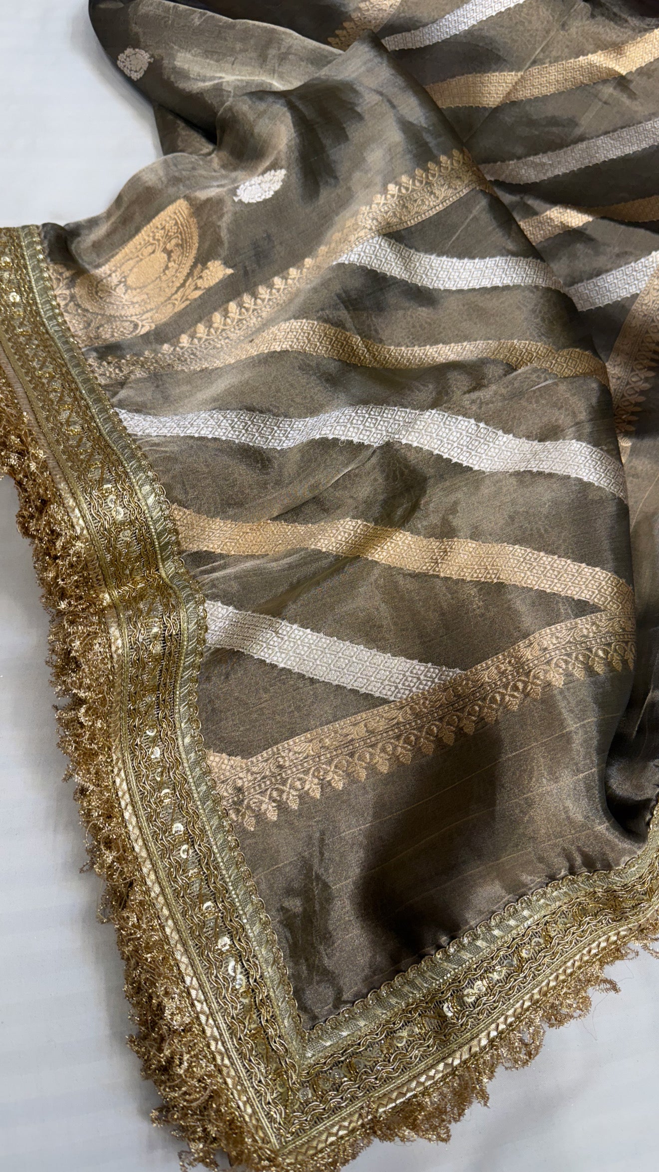 Maharani english grey tissue silk kohniya buti kadhwa saree