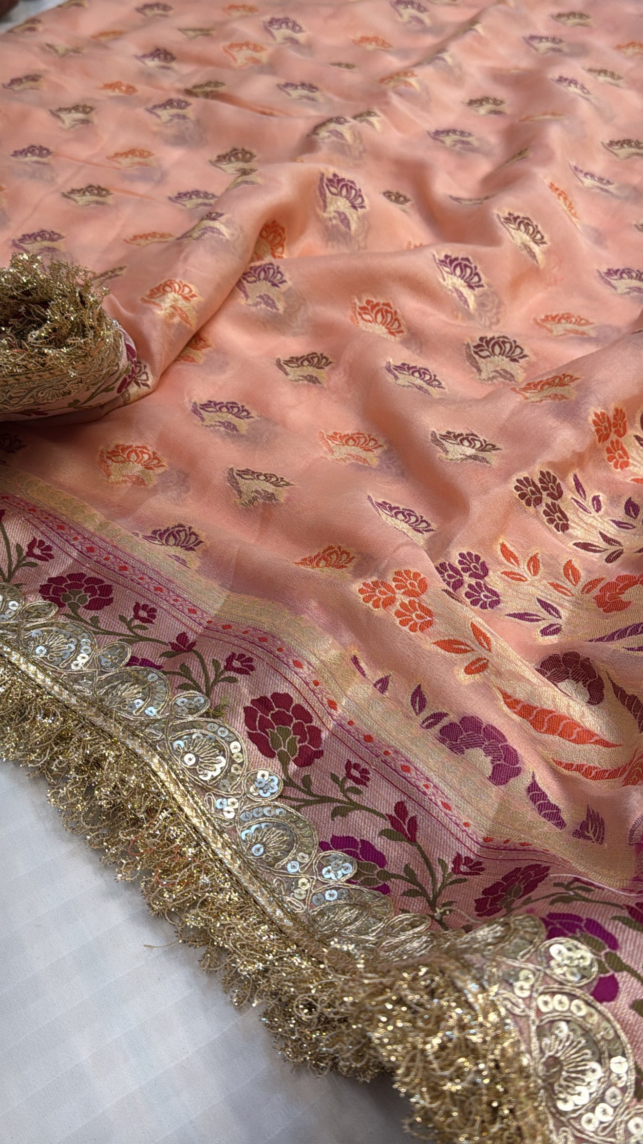 Banarasi chiffon gorgette kadhwa meenakari buti chap dye saree
