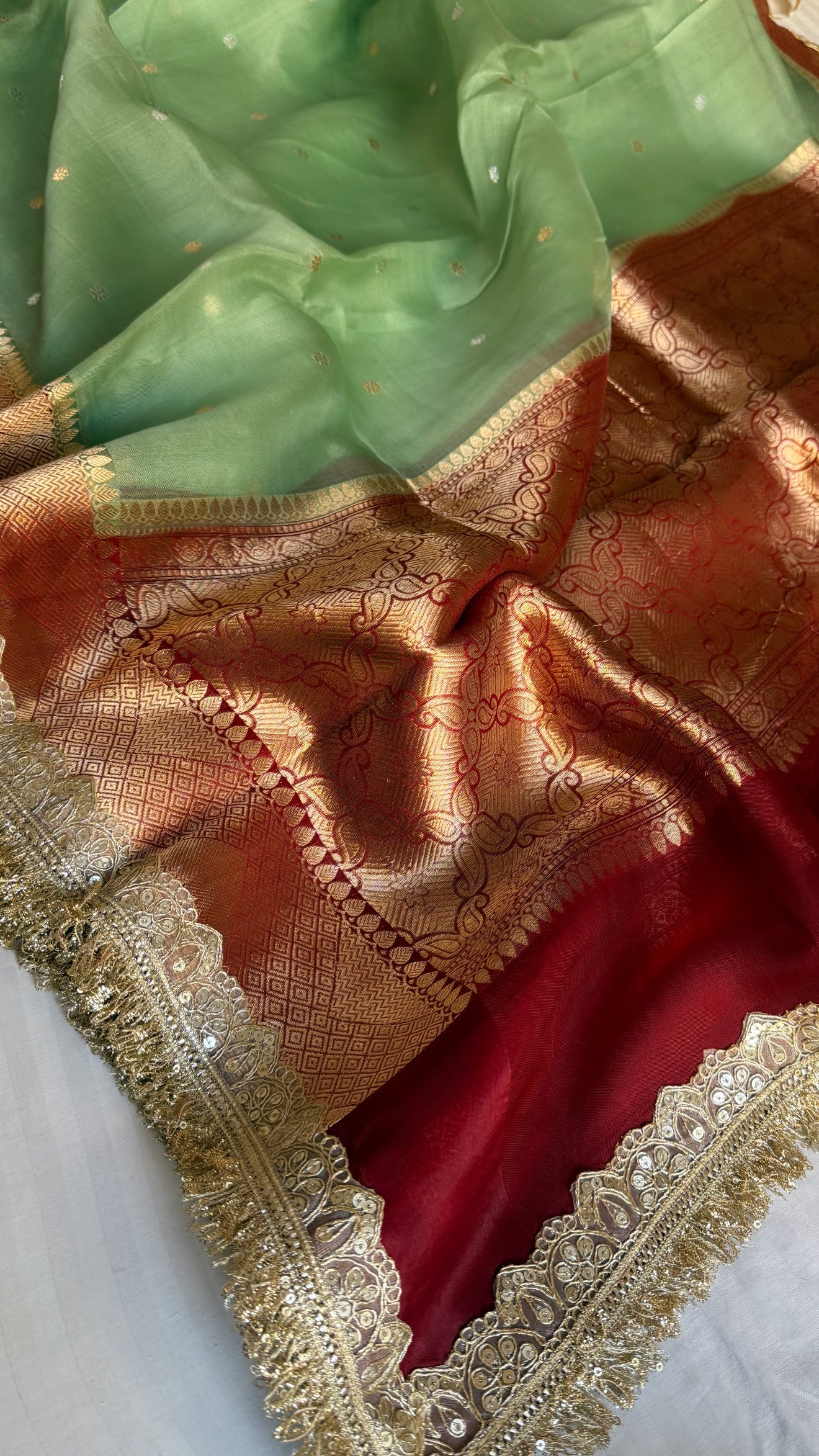 Mint green -Red combination chap dye kora silk banarasi saree
