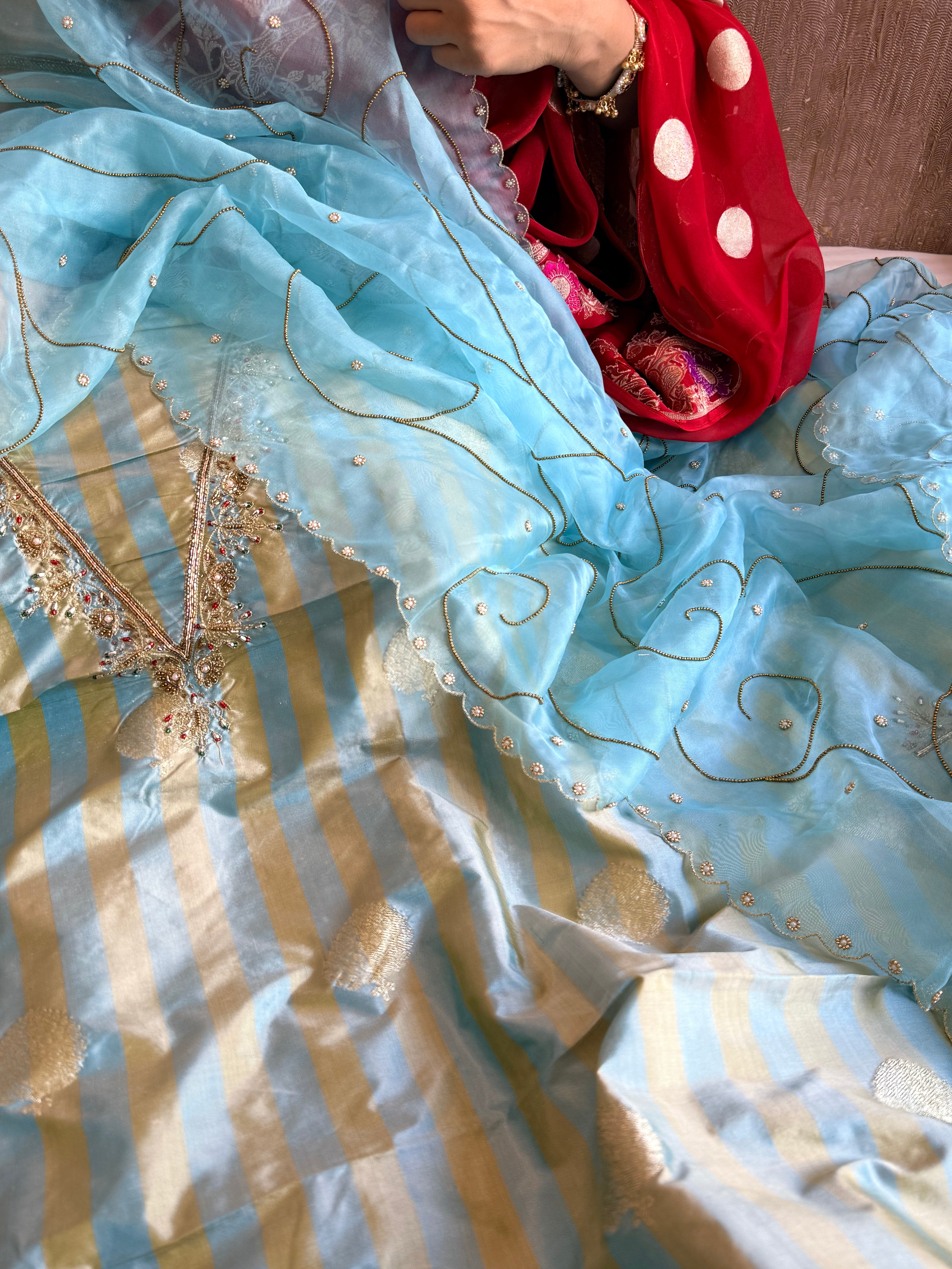 Katan silk kadhwa striped hand embroidered dhup chao effect suit set