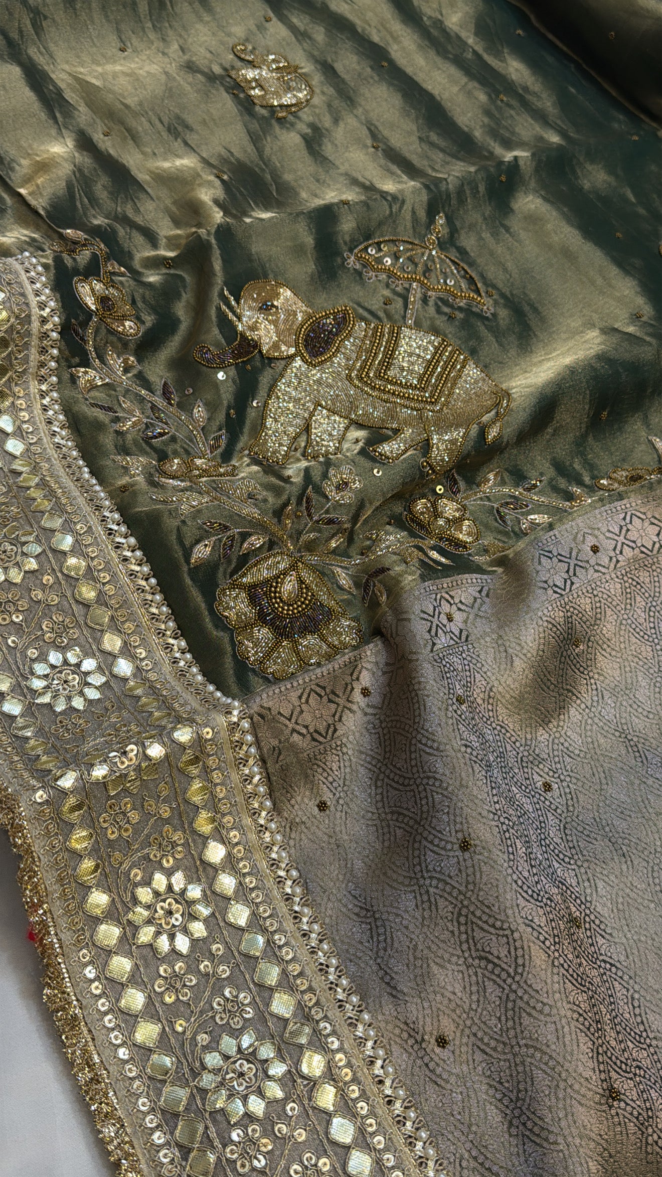 Varmala wali saree - Mint green elephant motif heavy tissue silk hand embroidered saree