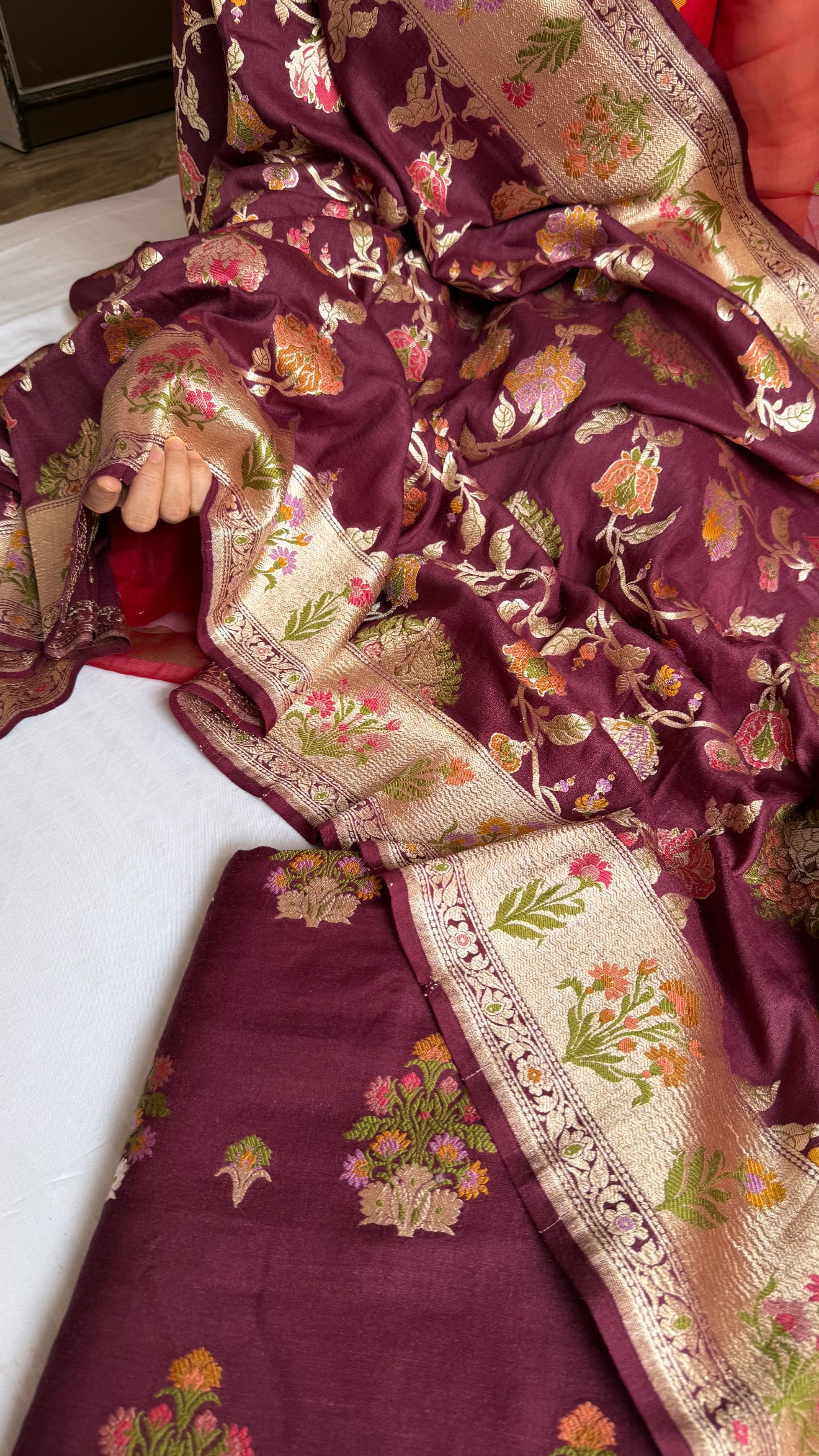 Bergundy moonga silk kadhwa meenakari jungla suit set