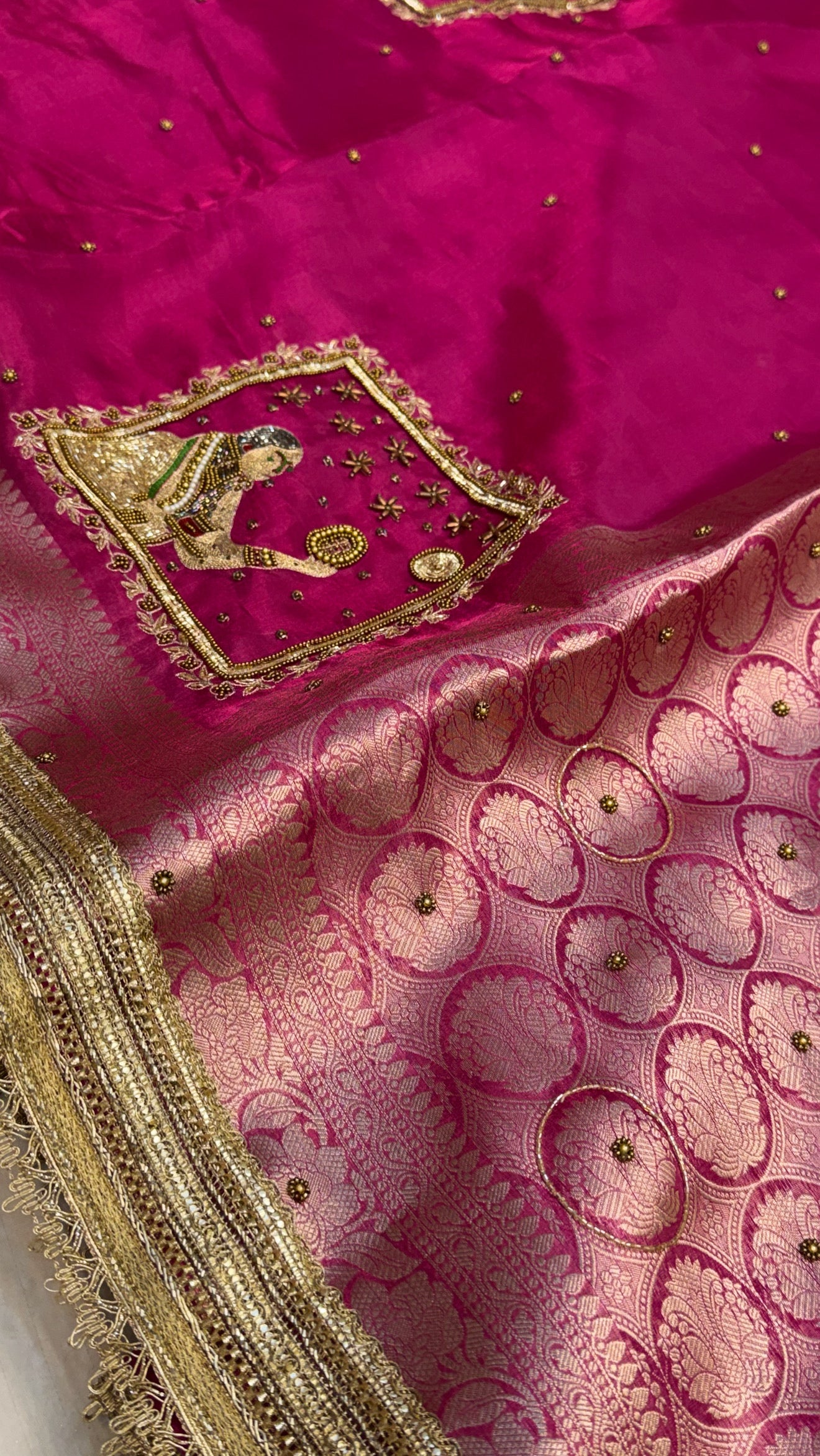 Karwachauth special - Hot metallic pink tissue silk hand embroidered kadhwa saree