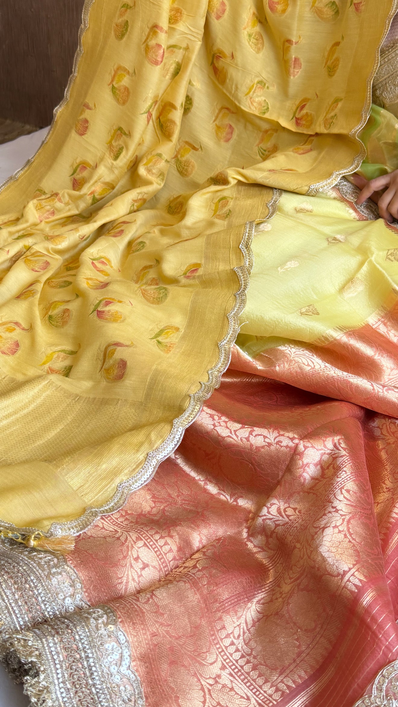 Kora silk chap dye contrast border kadhwa saree paired with moonga silk duppata sets