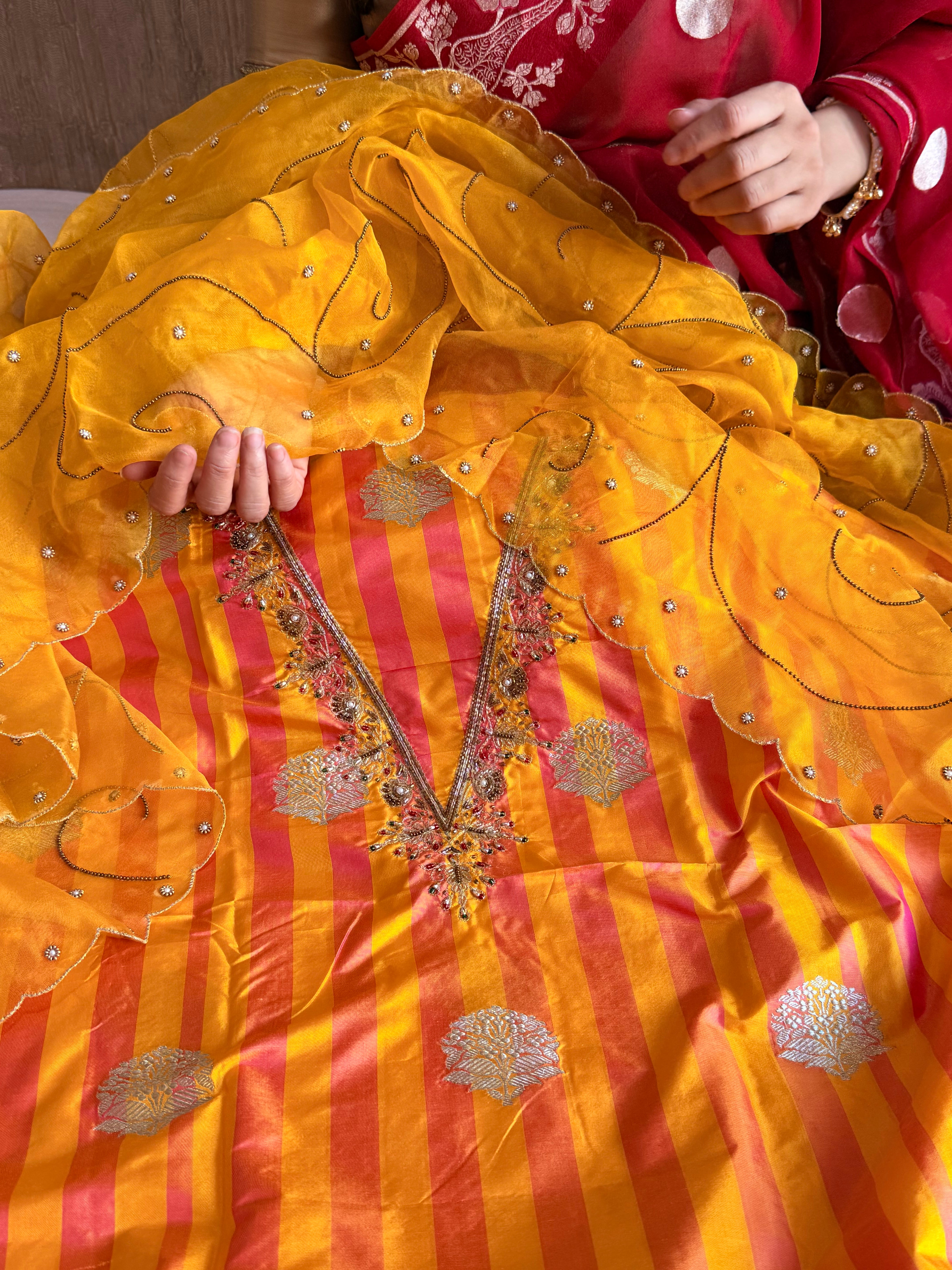 Katan silk striped kadhwa hand embroidered dhup chao effect suit set