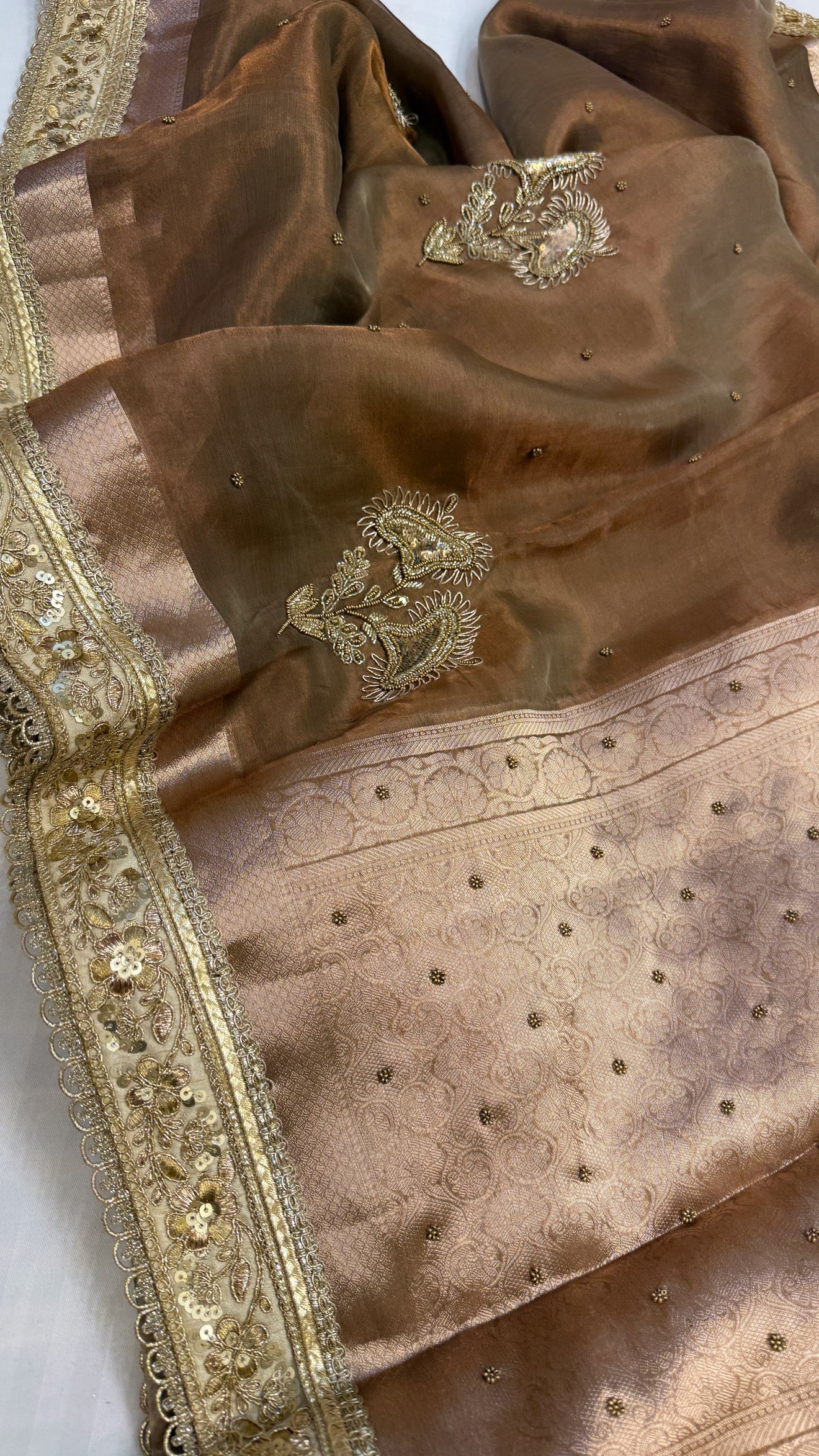 Cocktail wali saree - Dusty beige tissue silk heavy hand embroidered saree
