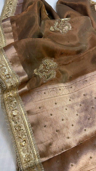 Cocktail wali saree - Dusty beige tissue silk heavy hand embroidered saree
