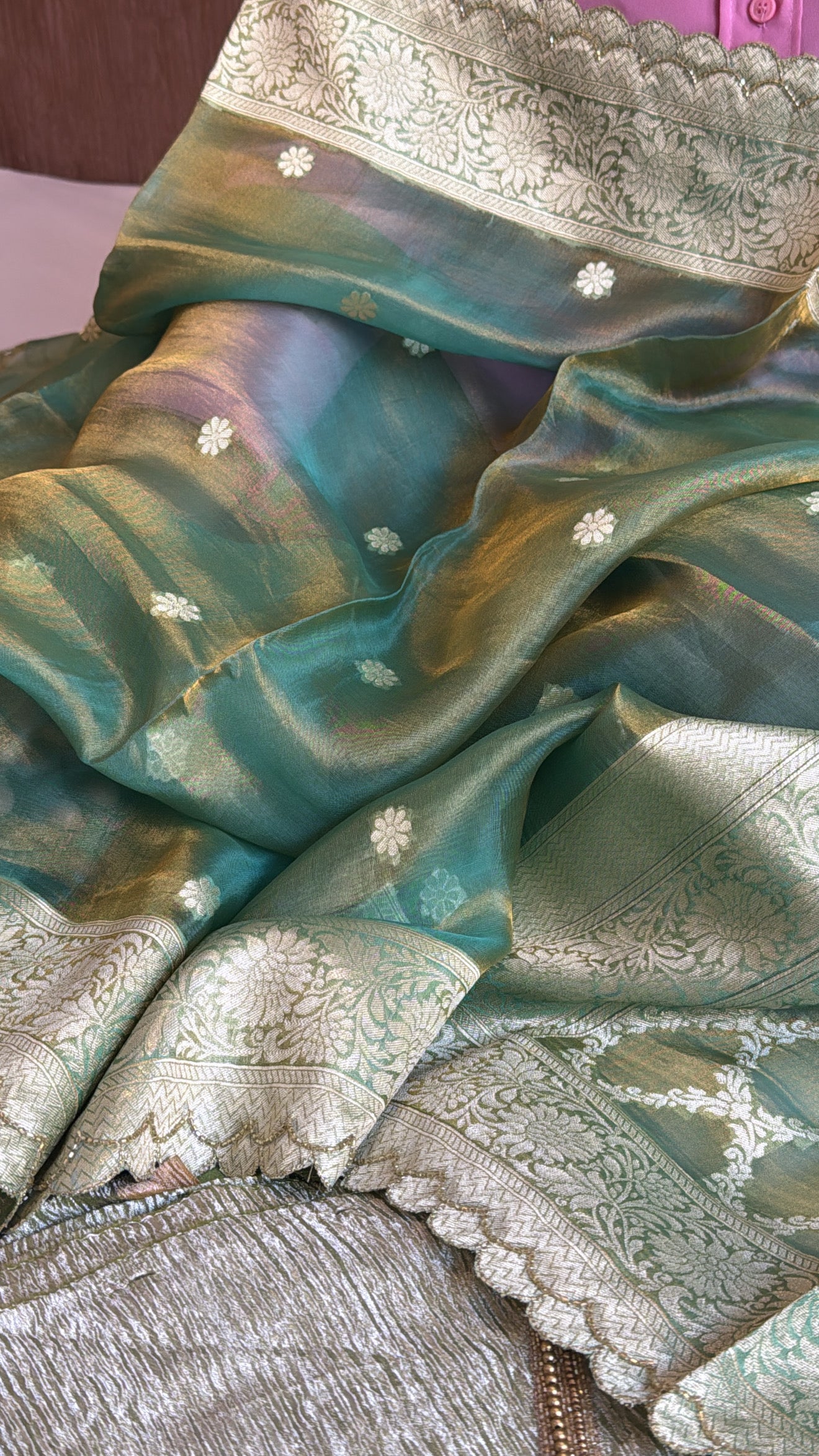 Vivah edit - Candy green crushed tissue silk hand embroidered suit sets