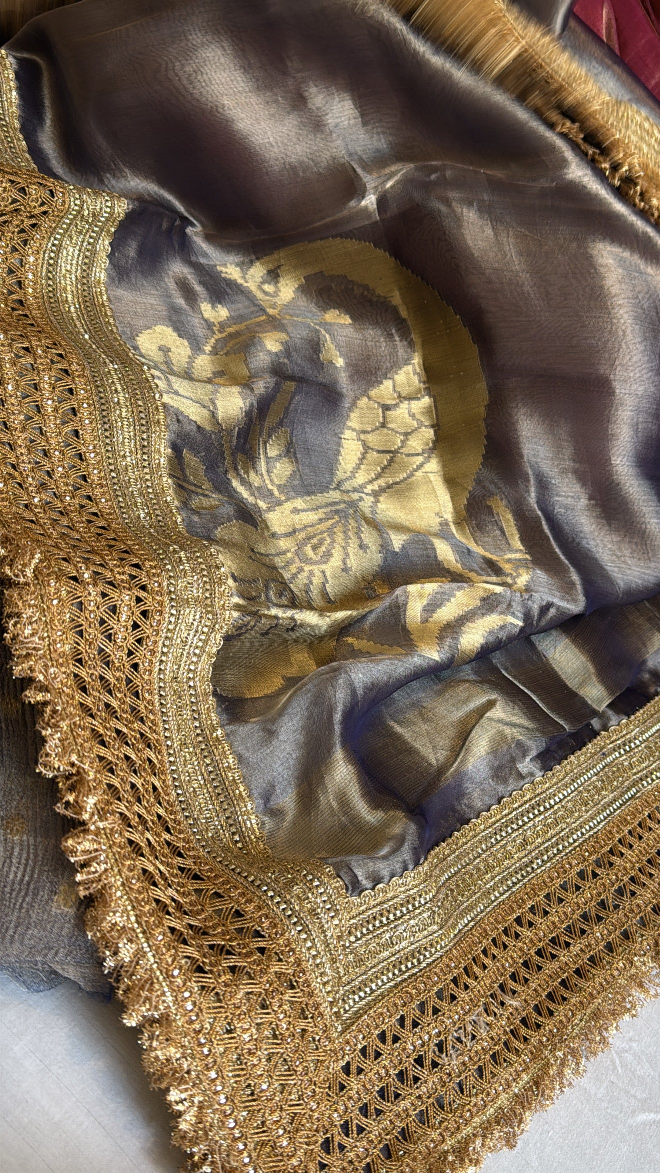 Steel grey crushed tissue silk kadhwa banarasi suit set