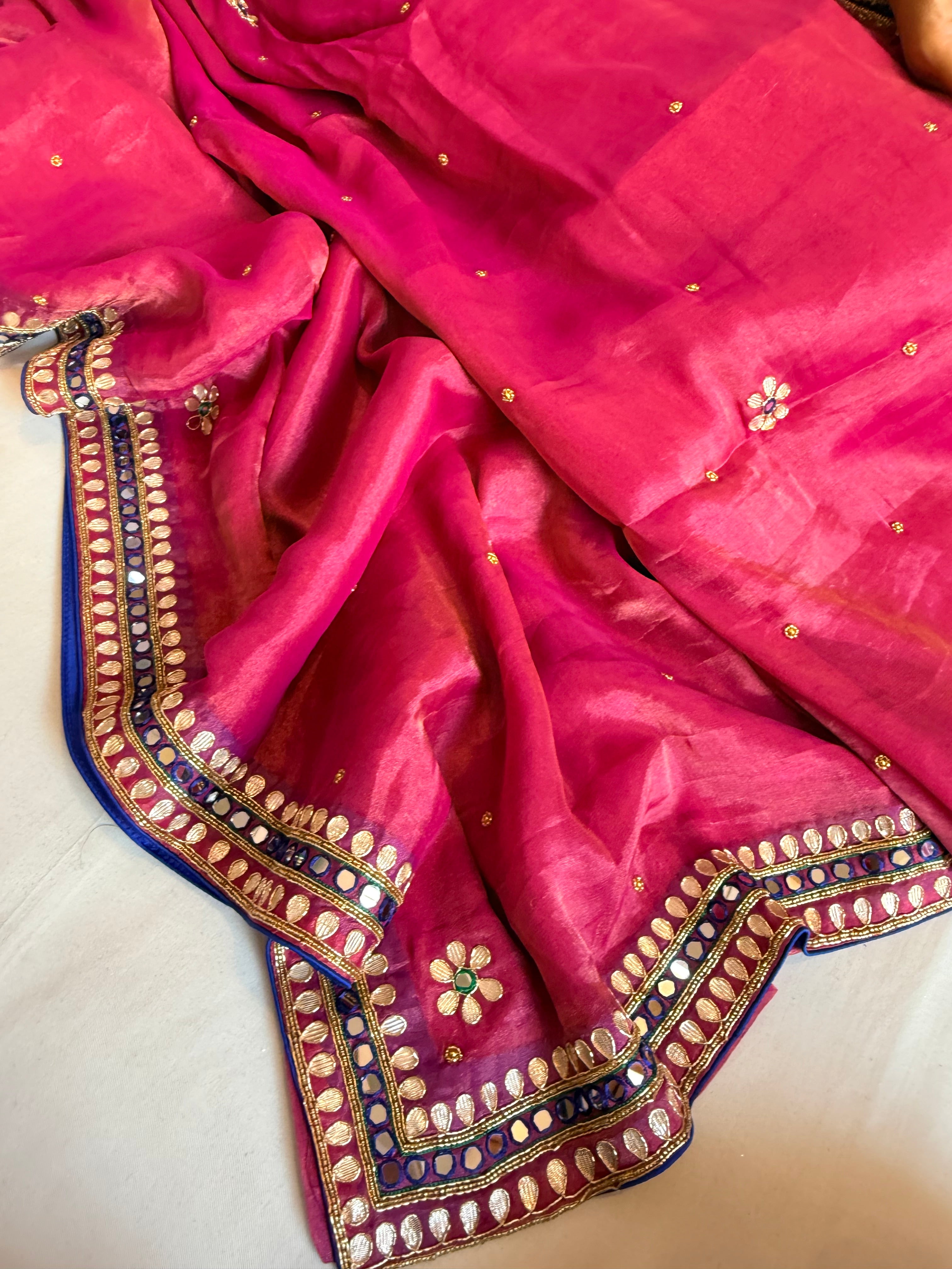 Hot pink tissue gorgette mirror work meenakari kadhwa banarasi saree