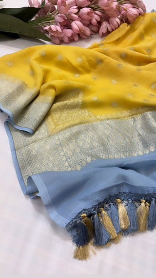 Banarasi gorgette mustard-ice blue contrast duppata