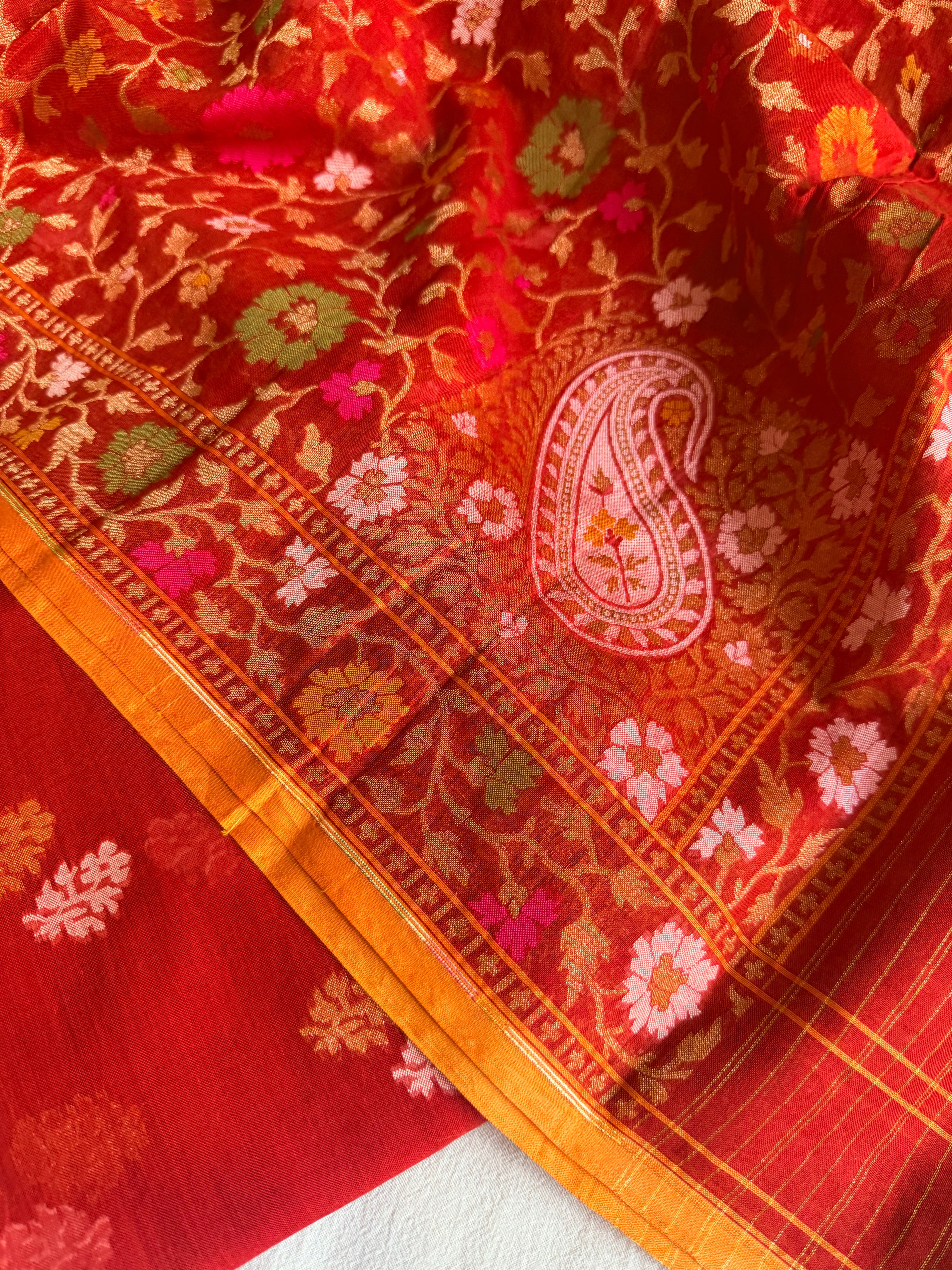 Banarasi iktara jamdani blood red sona rupa kadhwa suit set