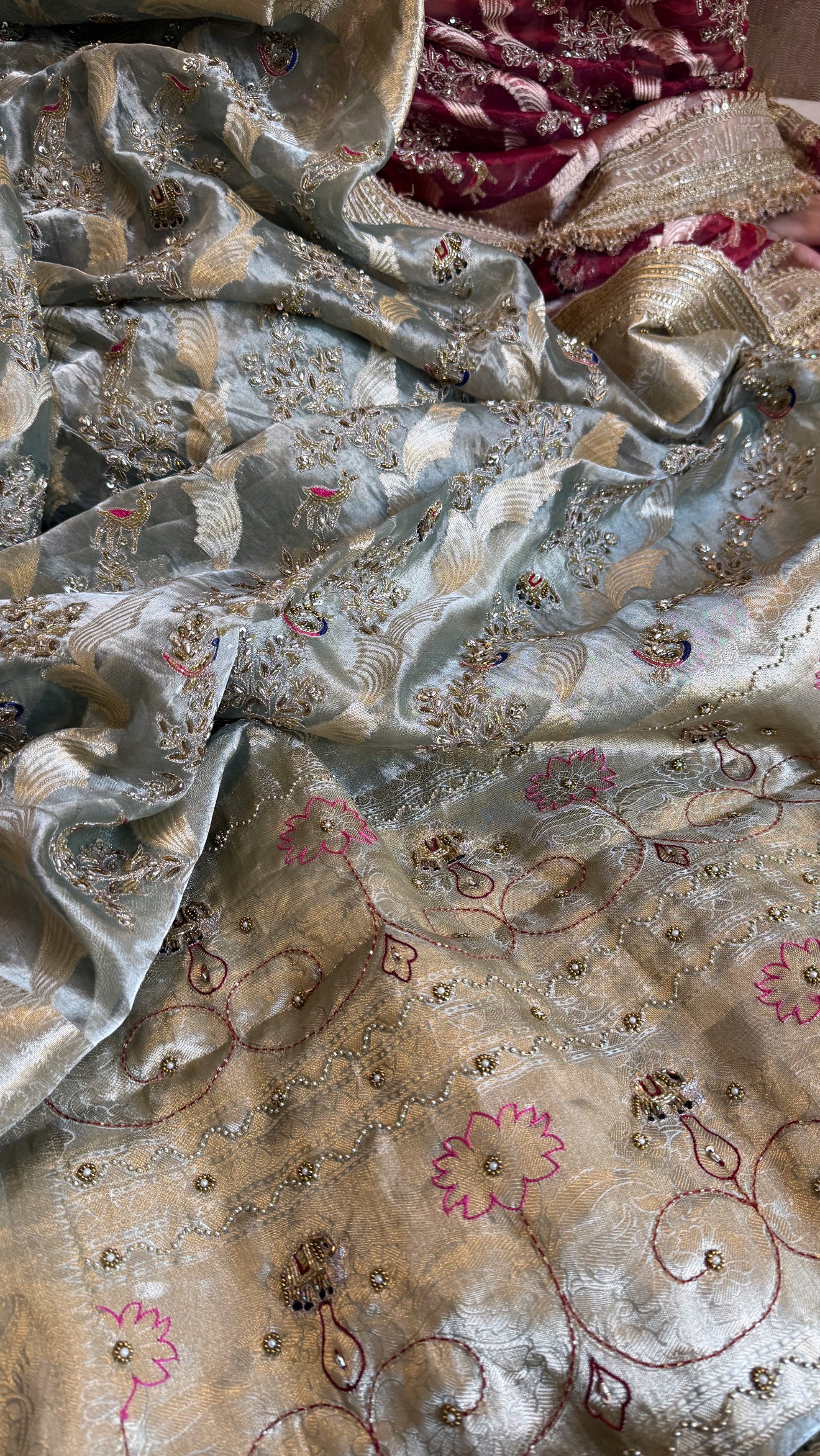 Nayi suhagan edit - Ice blue tissue silk jungla shikargah marodi and zardozi hand embroidered kadhwa saree