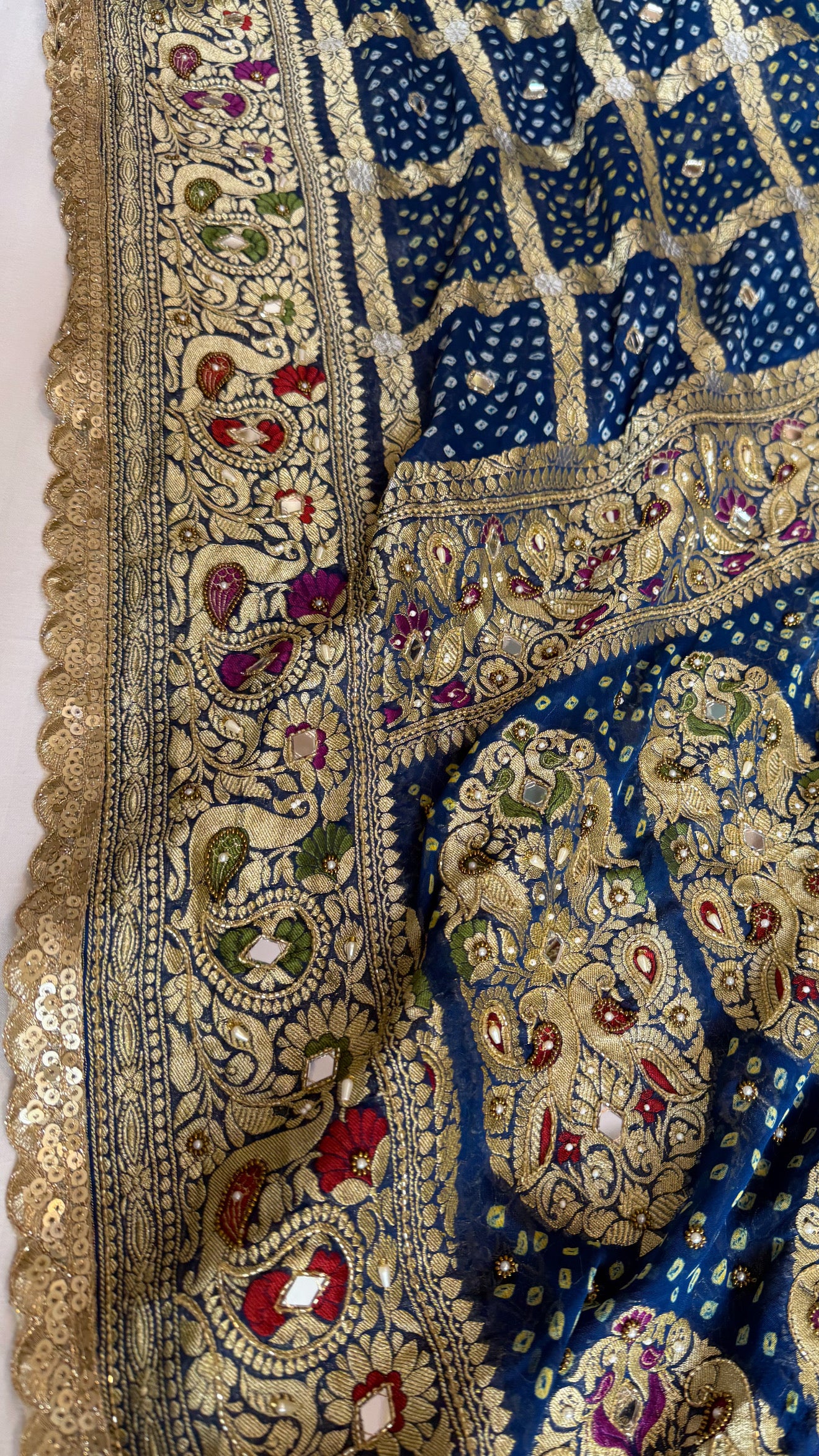 Navy blue banarasi rai chiffon gorgette kadhwa hand embroidered saree