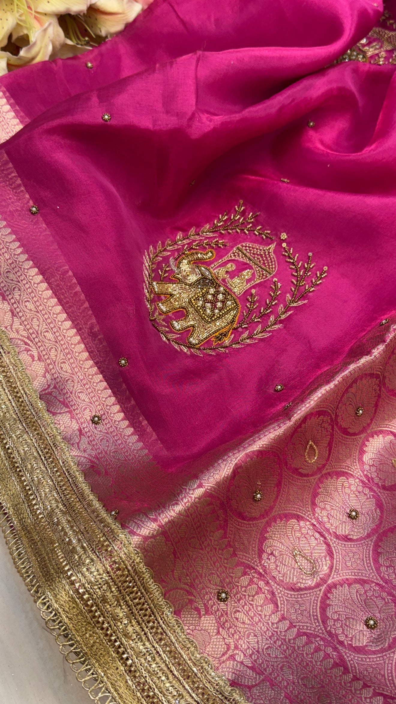 Karwachauth special - Hot pink tissue silk elephant motif hand embroidered kadhwa saree