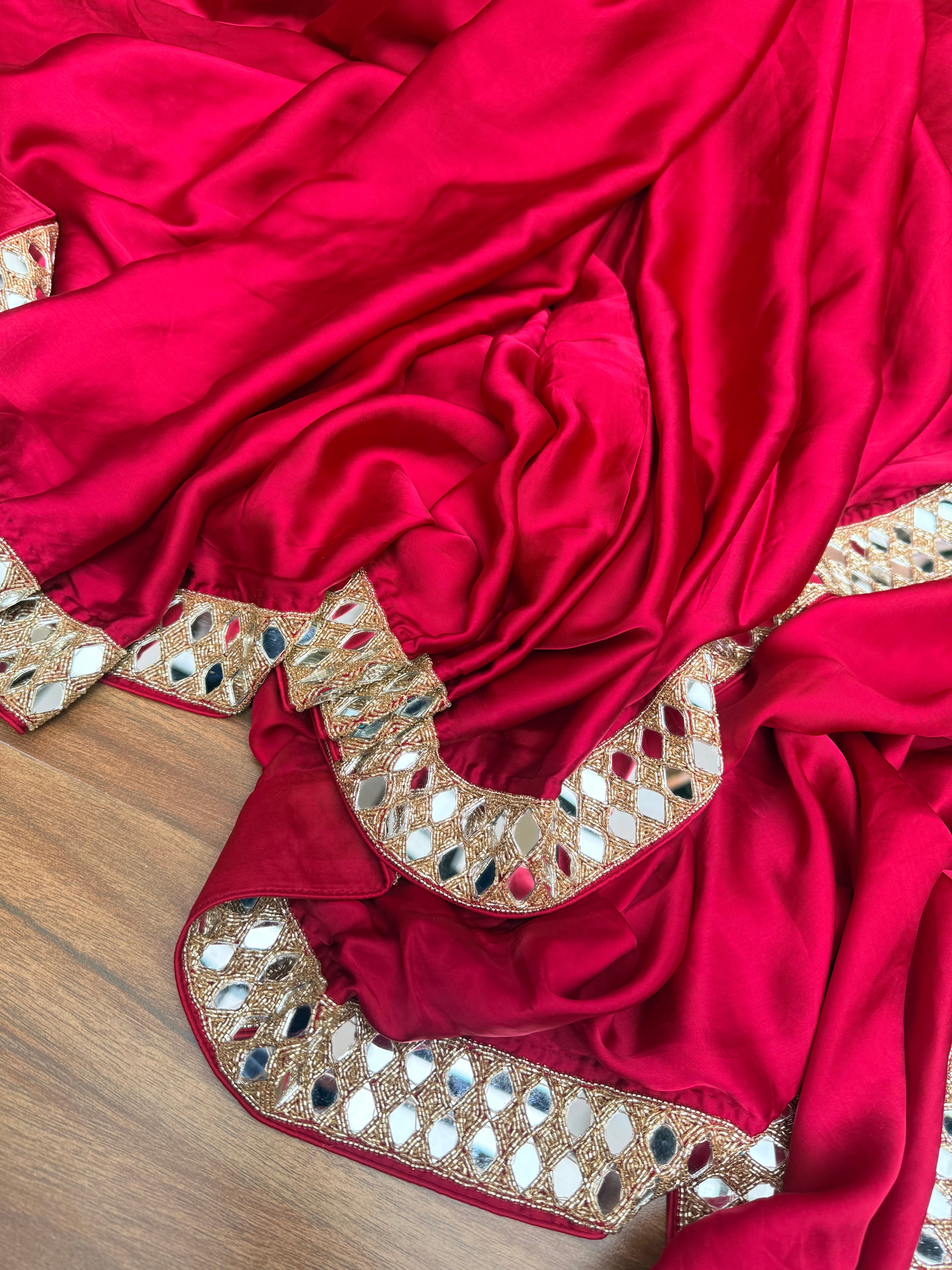 Tyohaar edit - Chilly red mashru satin silk mirrorwork kadhwa saree