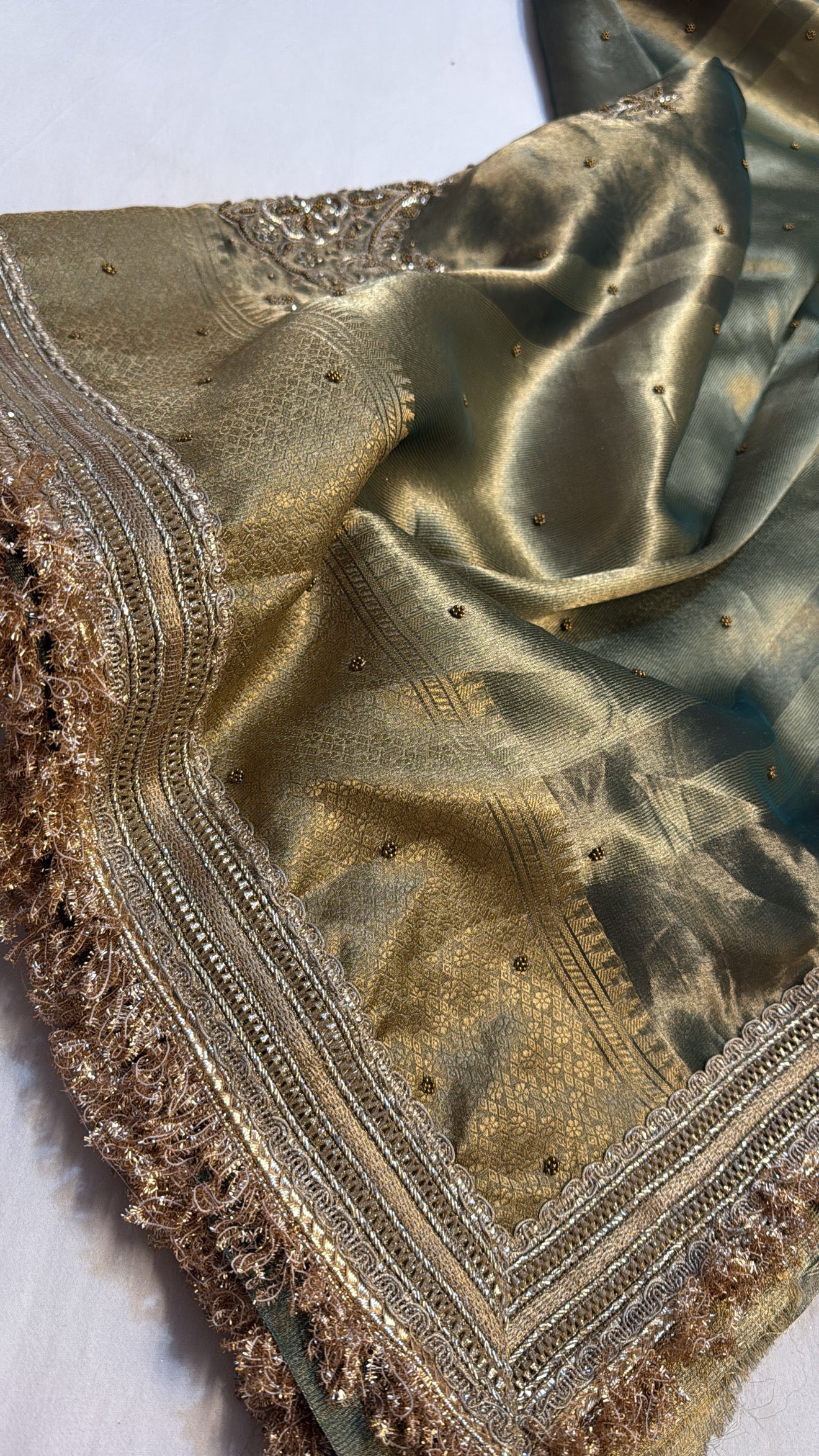 Bottle green tissue silk heavy embroidery kadhwa gotapatti saree