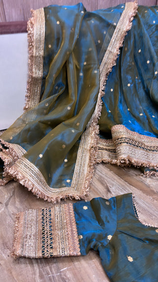 Mastani coral blue-olive tissue silk kadhwa buti dhup chao effect lehenga set