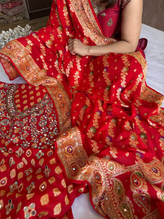 Heavy mirror work hand embroidered red kadhwa banarasi gorgette zari work suit sey