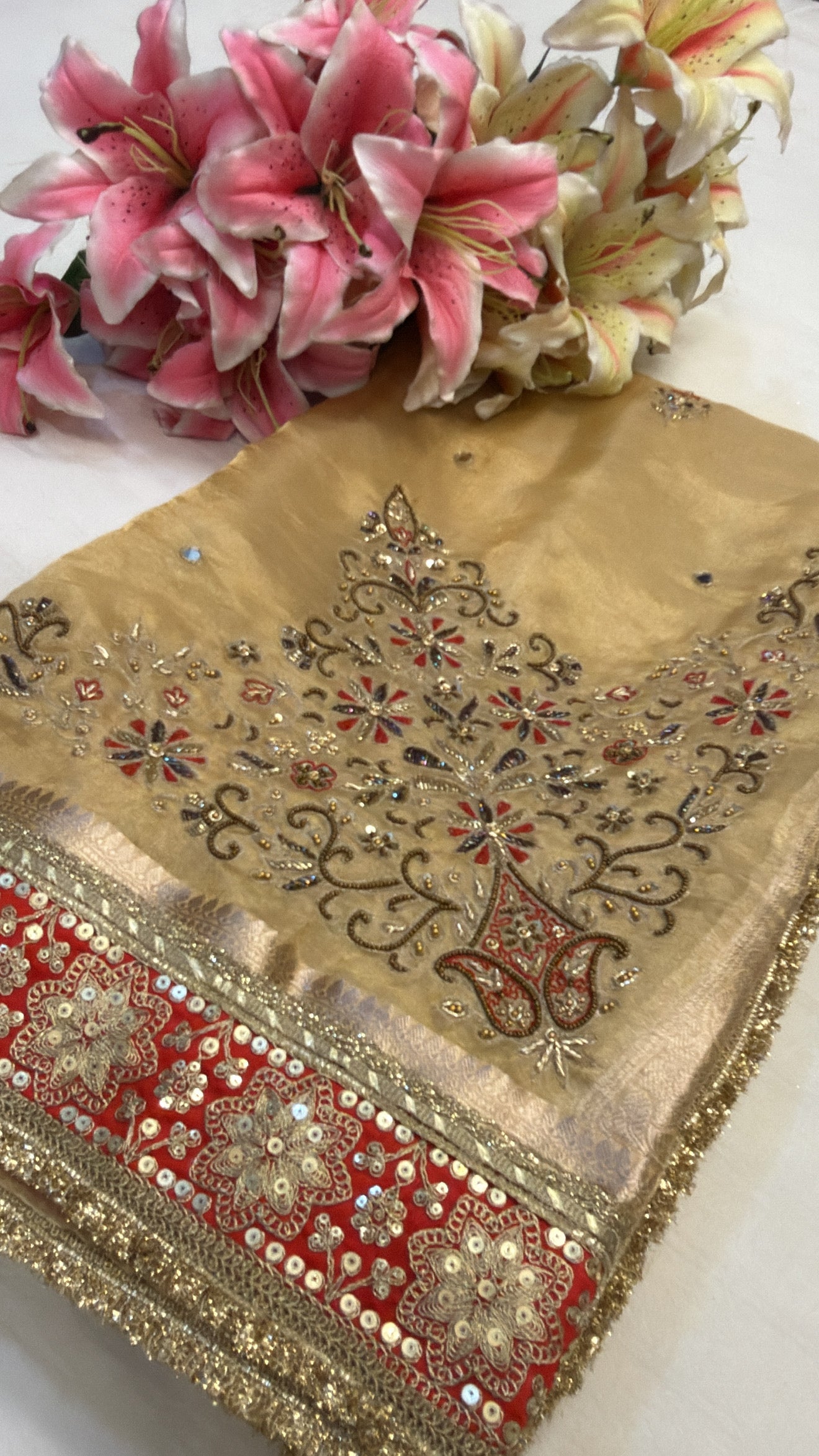 Golden with red meenakari husn tissue silk hand embroidered saree