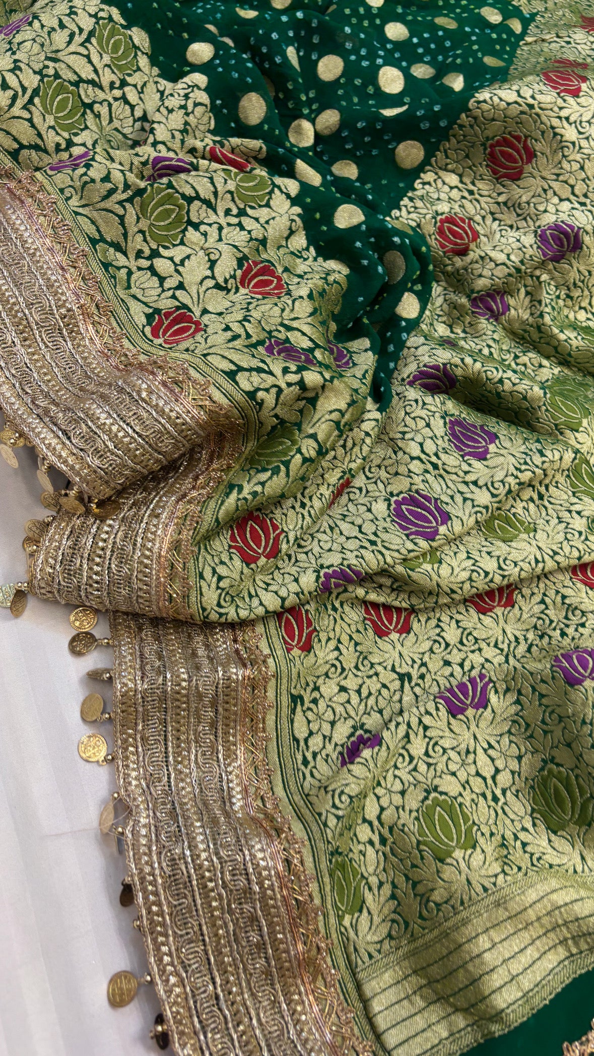 Heer mehendi green bandhej gorgette gotapatti kadhwa saree