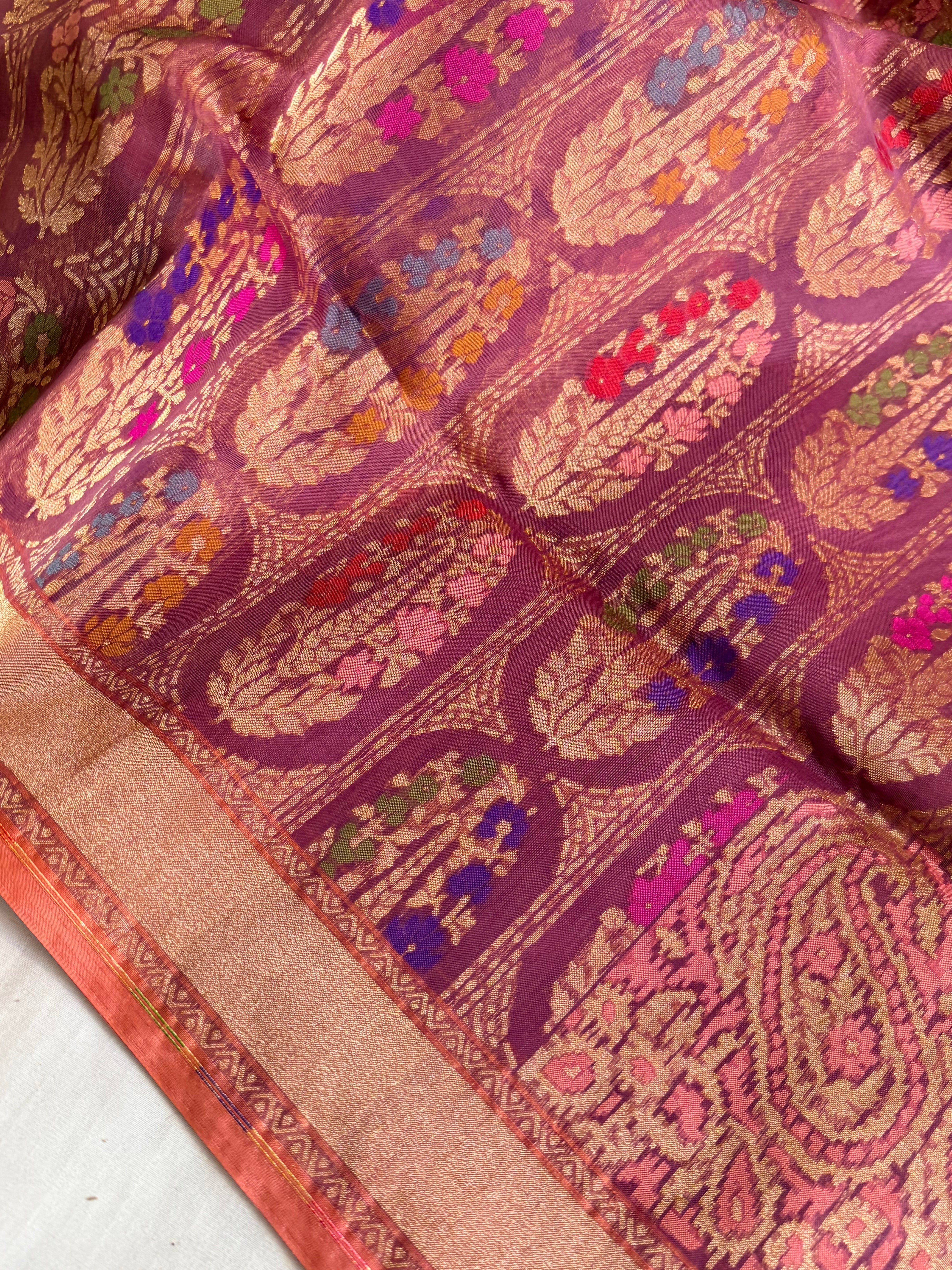 Banarasi kora silk net lavender iktara jamdani kadhwa saree