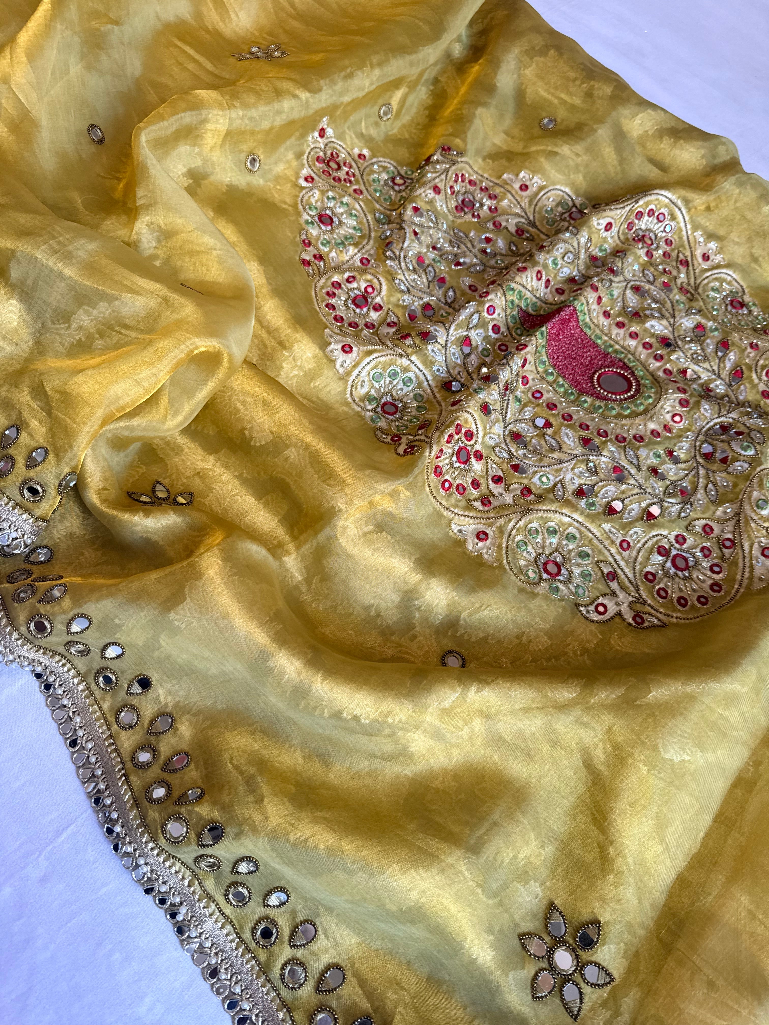 Dhup chao effect tissue silk mirrorwork hand embroidered paithani pallu kadhwa saree