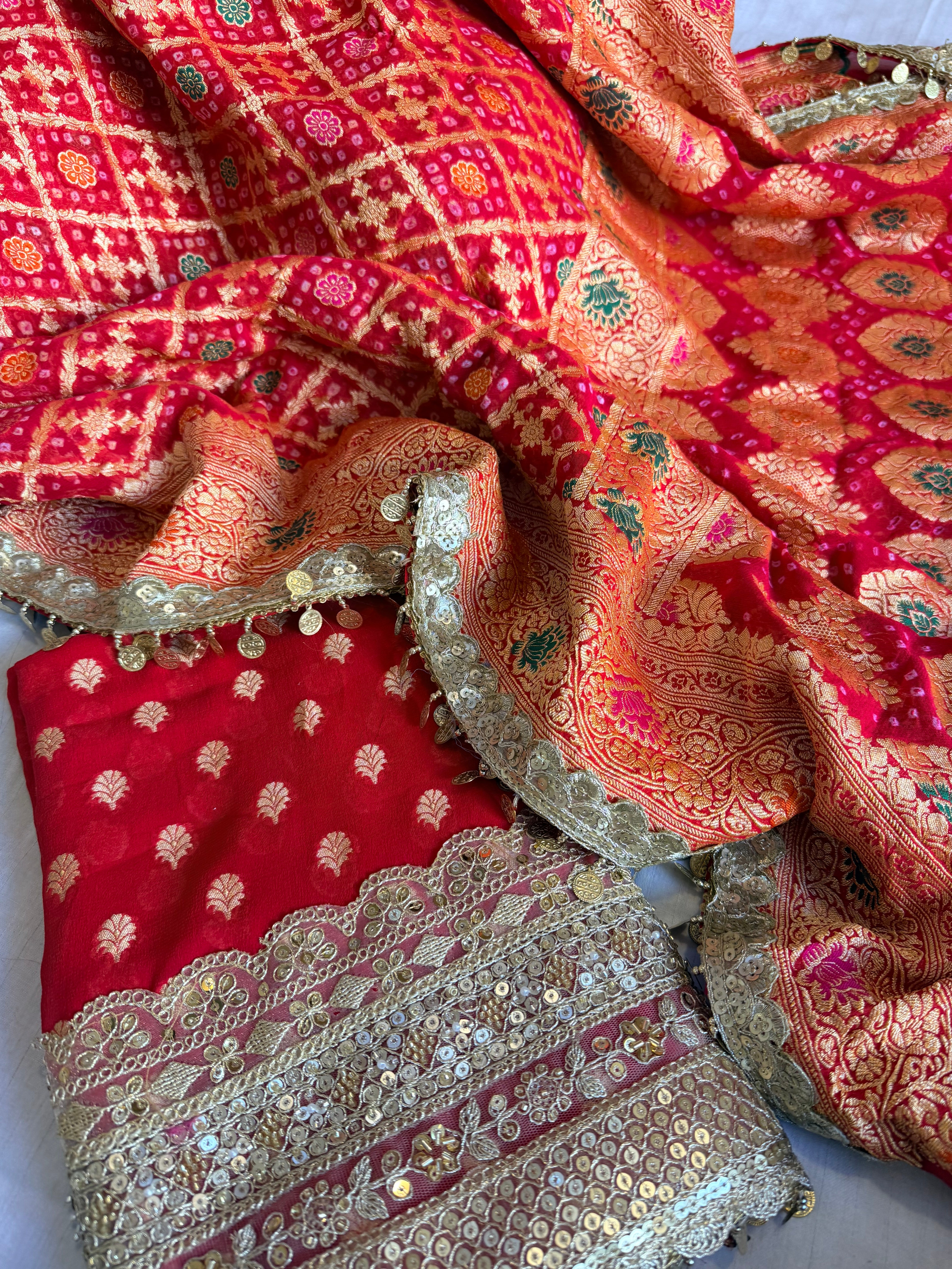 Rai bandhej bridal red banarasi chiffon gorgette gotapatti suits